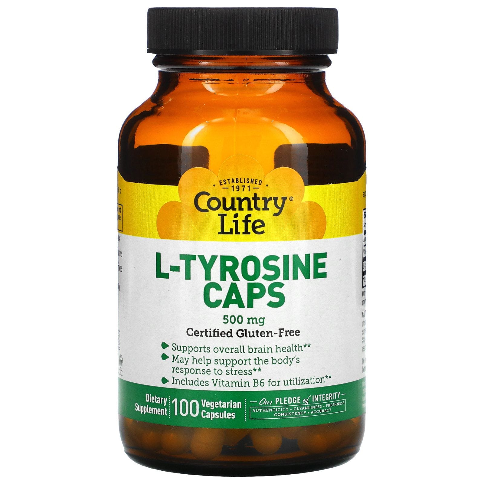 Country Life, L-Tirosina, 500 mg, cápsulas vegetales.