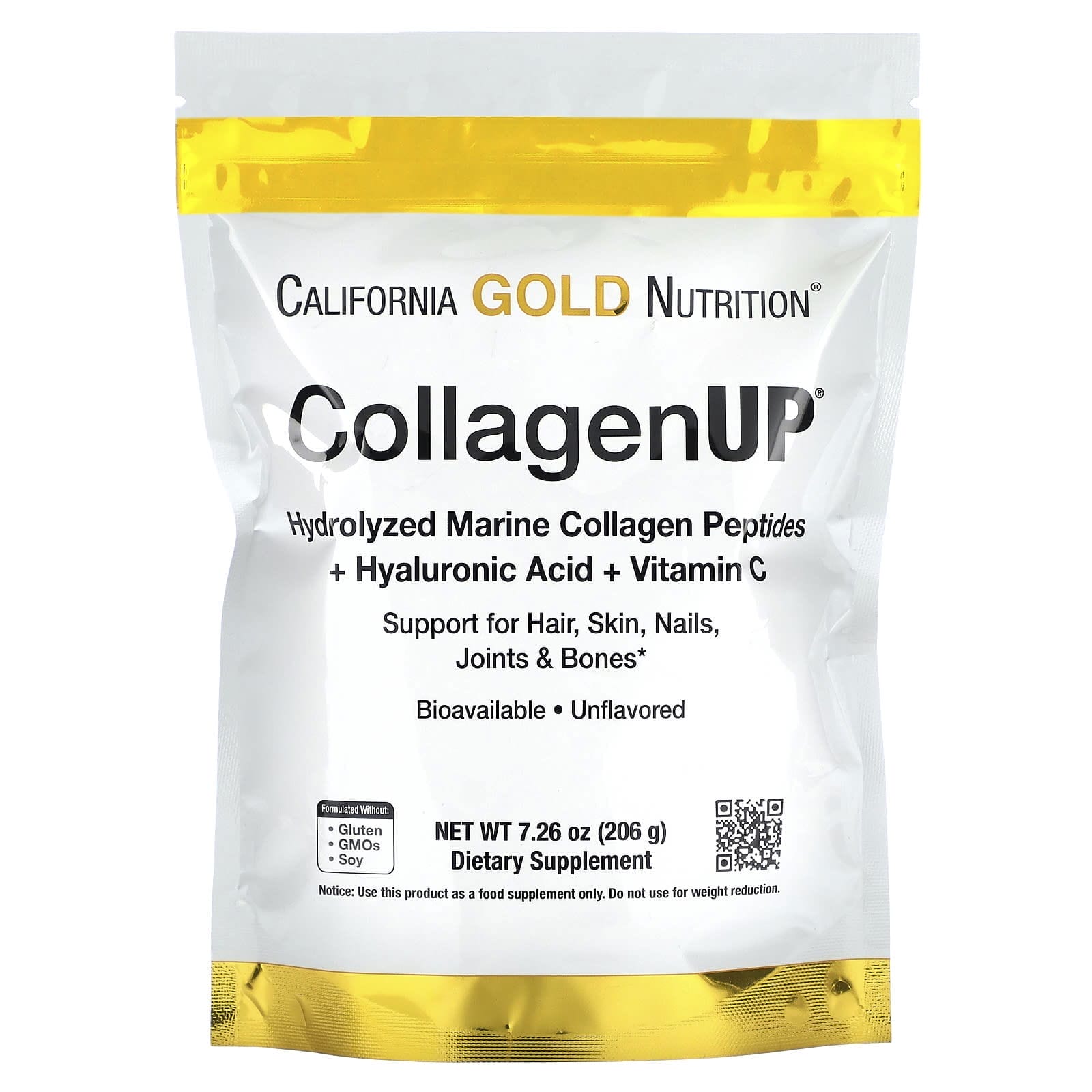 California Gold Nutrition, CollagenUP, Péptidos de colágeno marino hidrolizado con ácido hialurónico y vitamina C, Sin sabor, 206 g (7,26 oz)