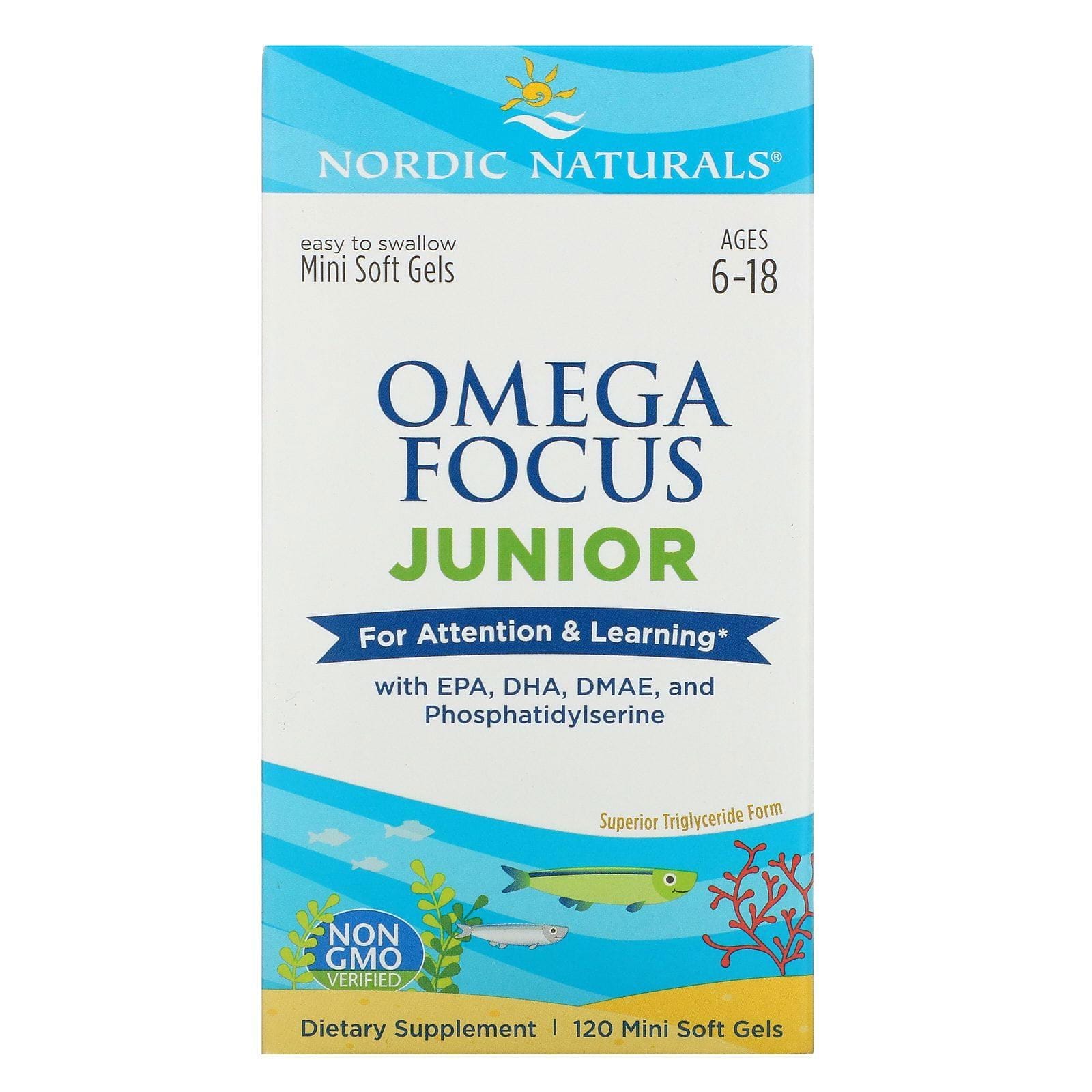 Nordic Naturals, Suplemento con omegas para la concentración para niños, De 6 a 18 años de edad, 120 minicápsulas blandas