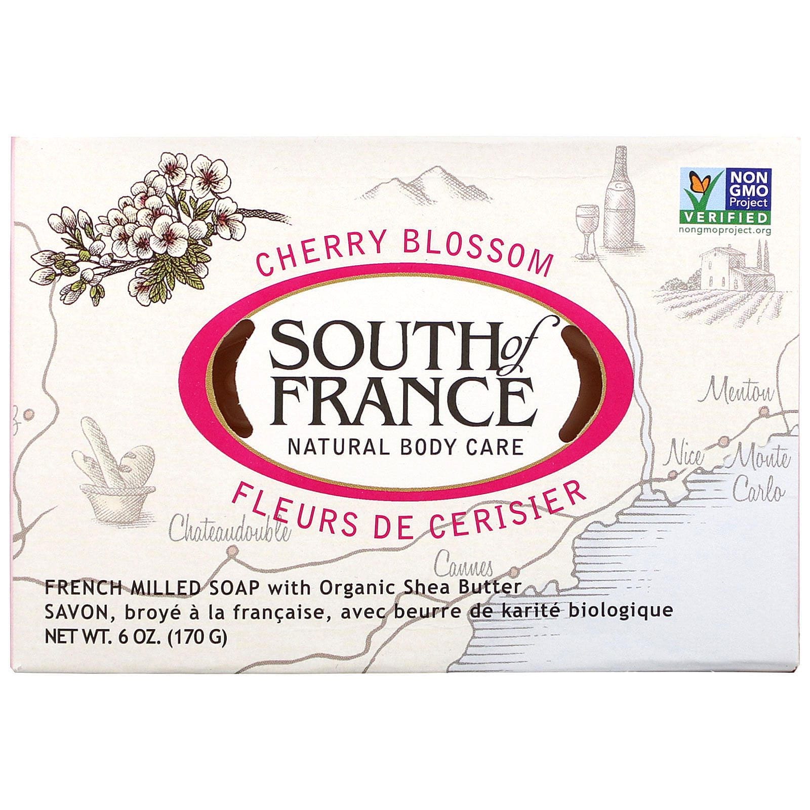 South of France, Barra de jabón francés molido con manteca de karité orgánica, Flor de cerezo, 170 g (6 oz)