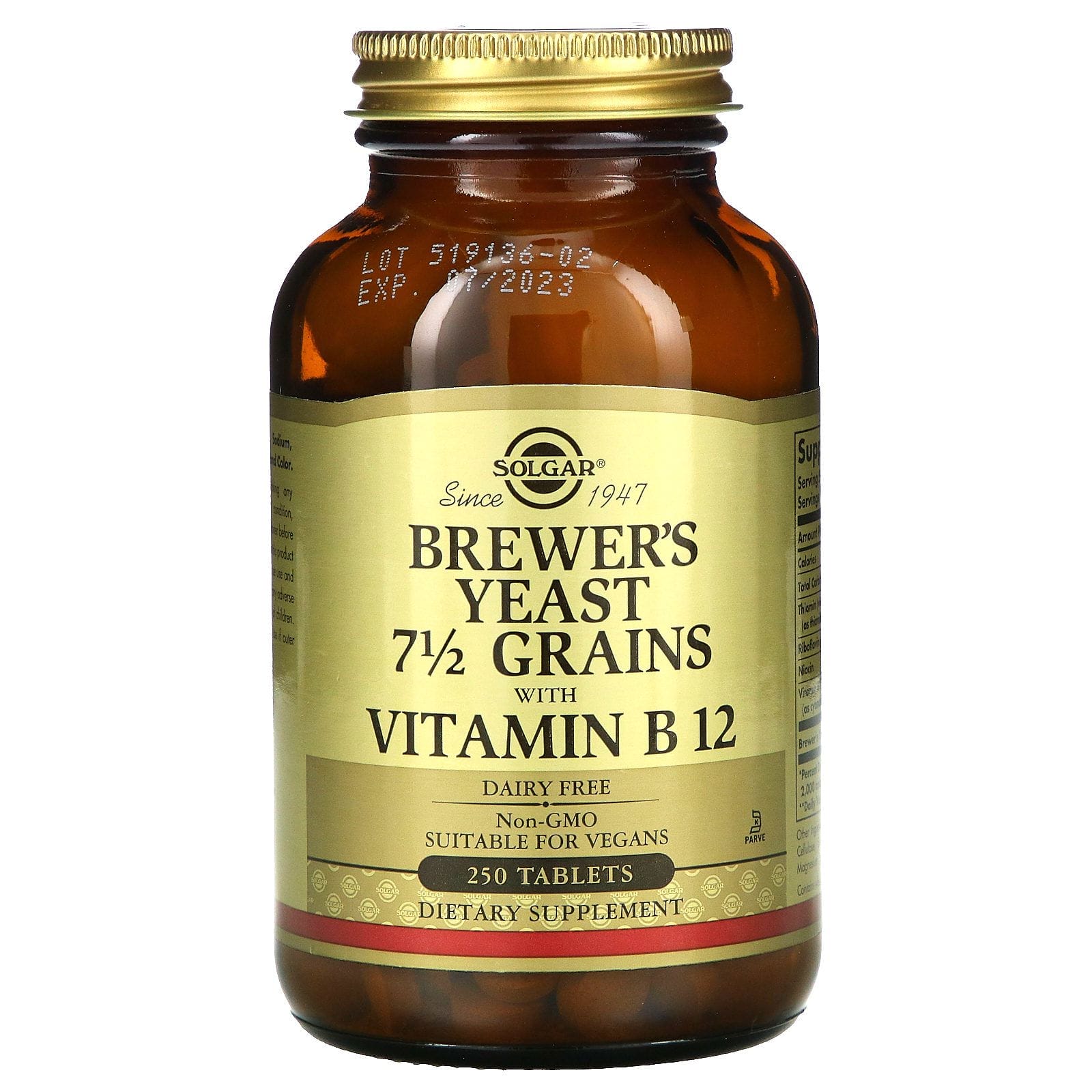 Solgar, Brewer's Yeast, 7 1/2 granos, con vitamina B12, 250 tabletas