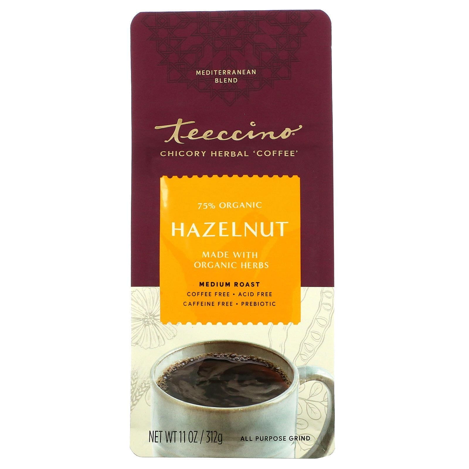 Teeccino, Café de hierbas con achicoria, tueste medio, sin cafeína, avellana, 312 g (11 oz)