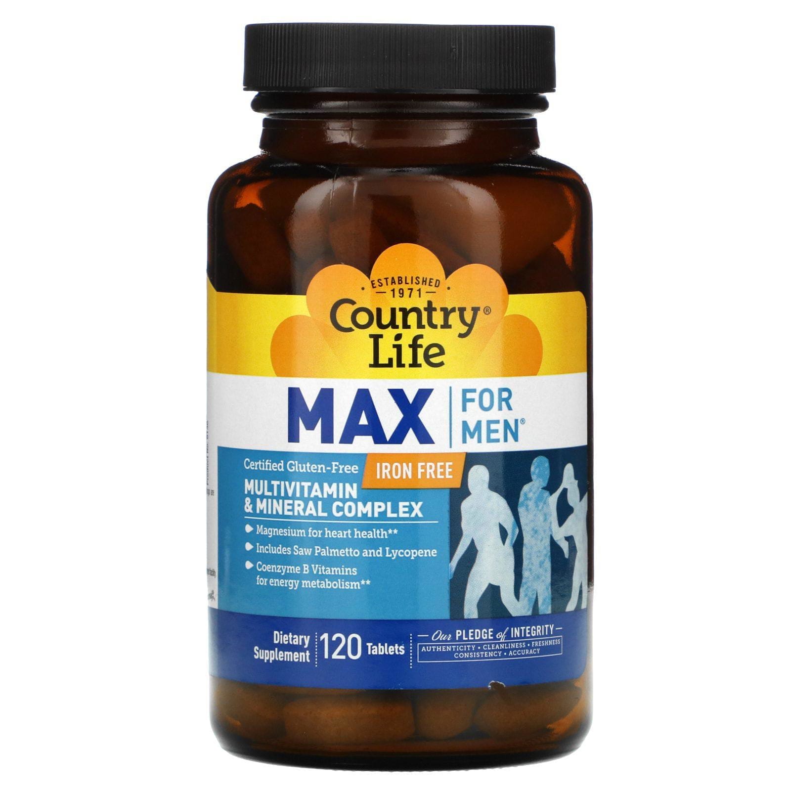 Country Life, Max for Men, Complejo Multivitamínico y Mineral, Sin Hierro, 120 Comprimidos