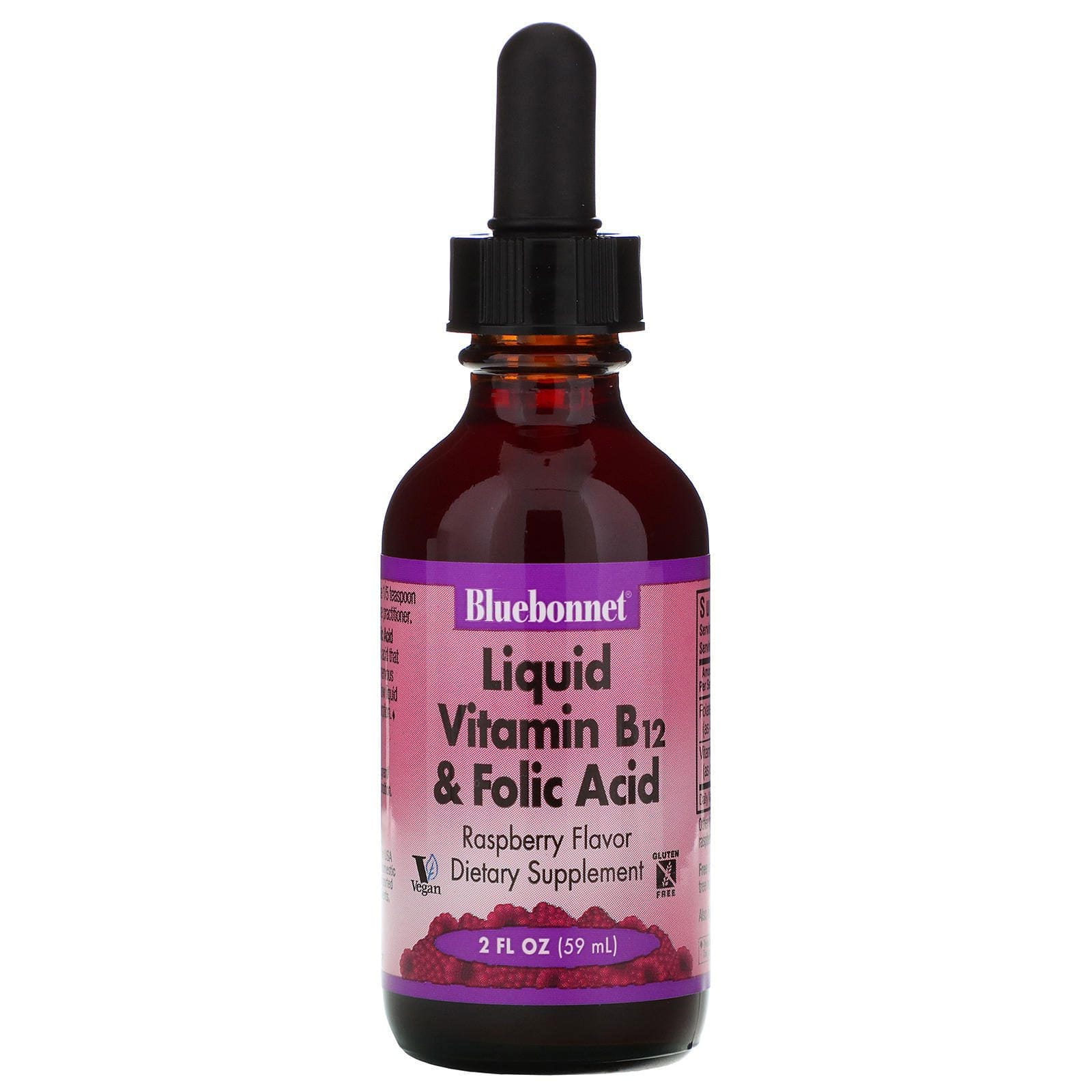 Bluebonnet Nutrition, Vitamina B-12 y ácido fólico líquidos, sabor natural a frambuesa, 2 oz líquidas (59 ml)