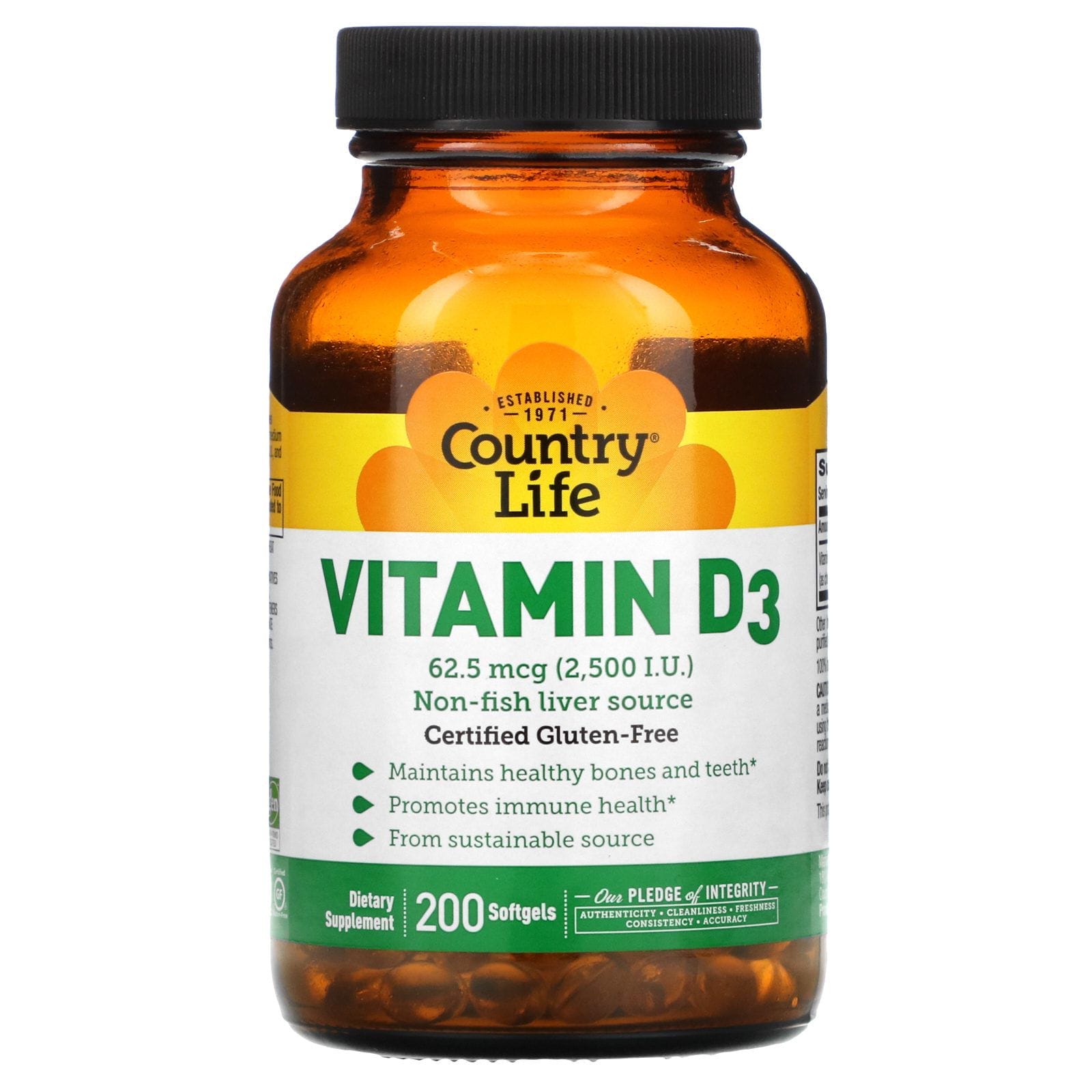 Country Life, Vitamina D3, 2500 I.U., 200 Cápsulas Gelificadas