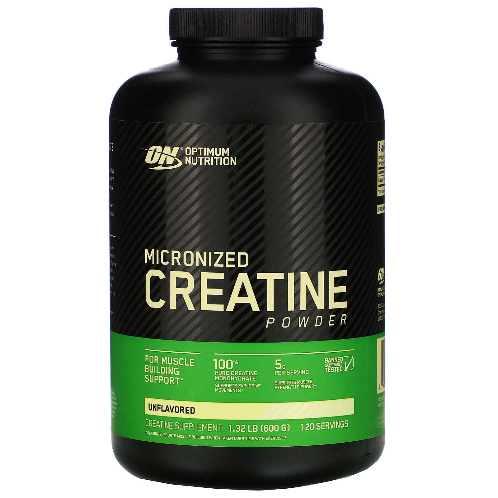 Optimum Nutrition, Creatina micronizada en polvo, sin sabor, 1.32 lb (600 g)
