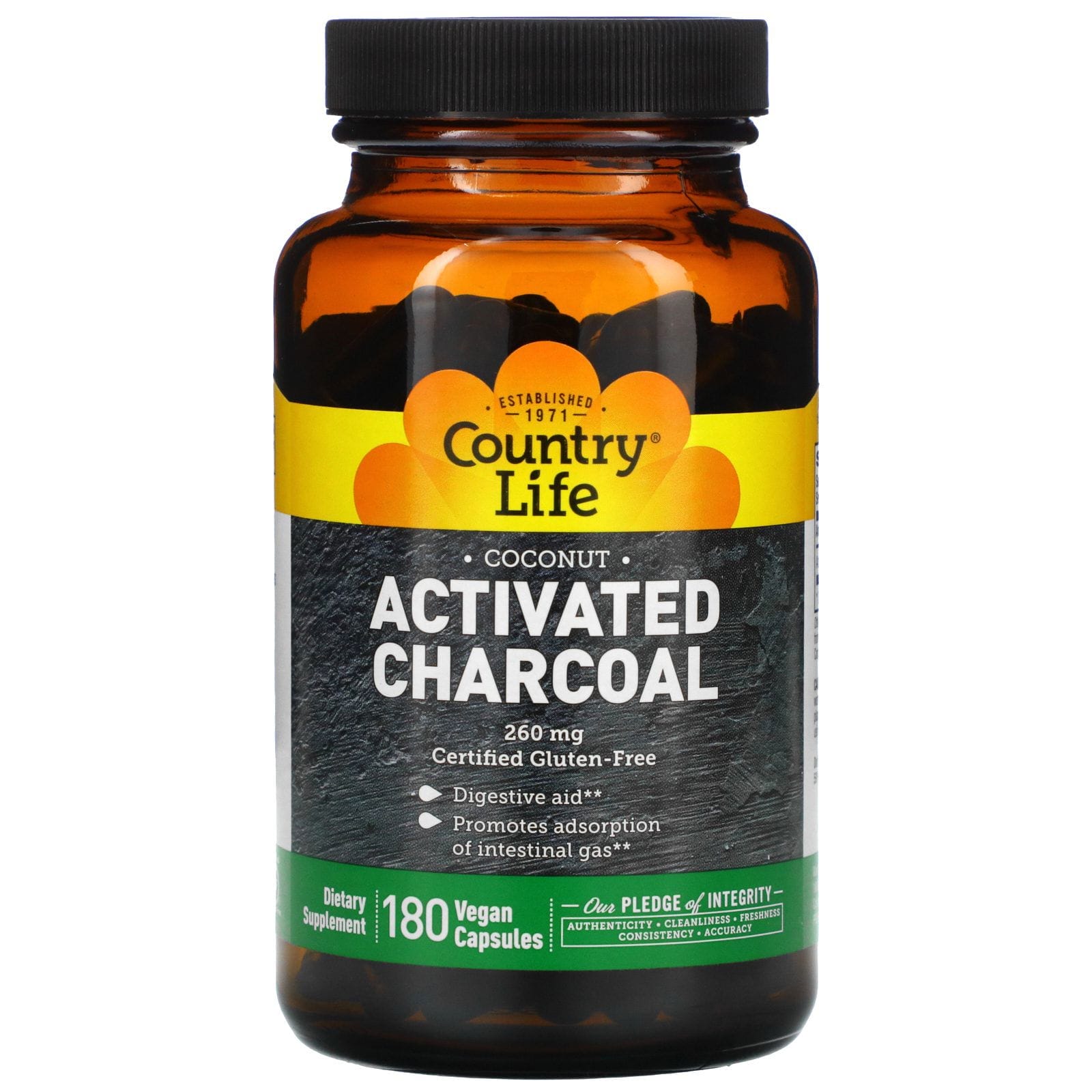 Country Life, Activated Charcoal, 260 mg, 180 Vegan Capsules