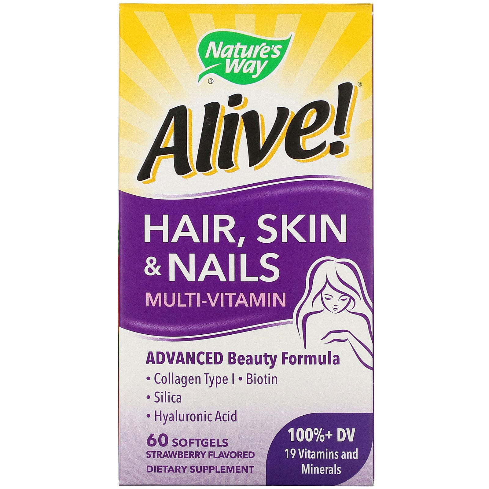 Nature's Way, Alive! Multi-Vitaminas para cabello, piel y uñas, Sabor de fresa, 60 cápsulas suaves