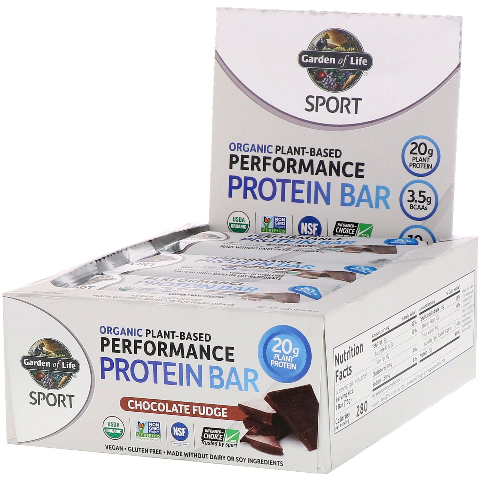 Garden of Life, Deporte, Barra de proteína vegetal orgánica para rendimiento, Dulce de Chocolate, 12 barras - 2.7 oz (75 g)