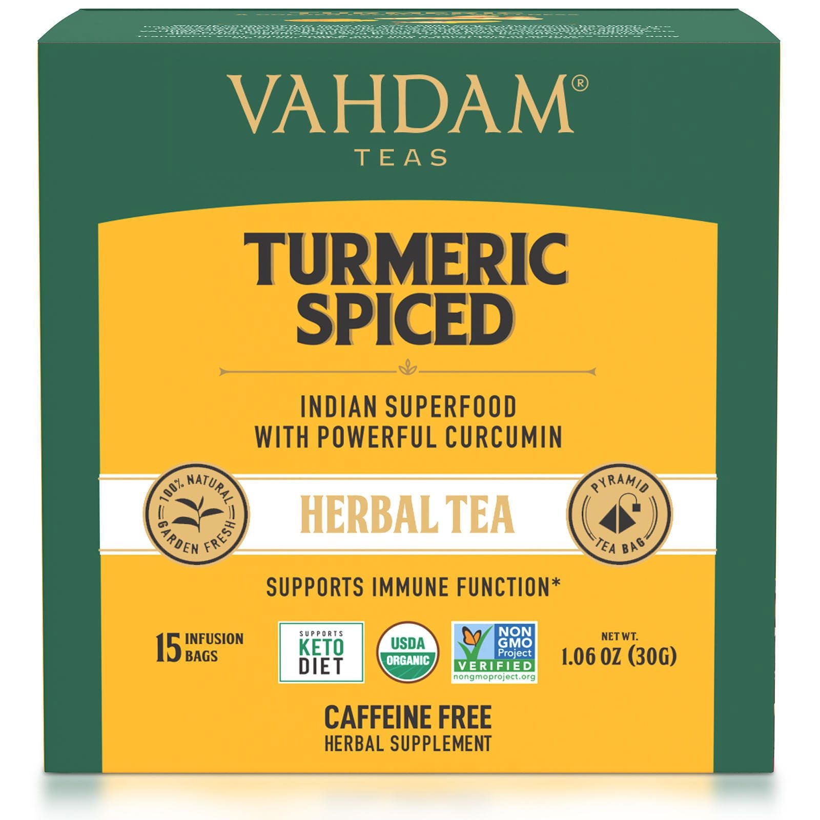 Vahdam Teas, Té de hierbas, Cúrcuma especiada, Sin cafeína, 15 bolsitas de té, 30 g (1,06 oz)