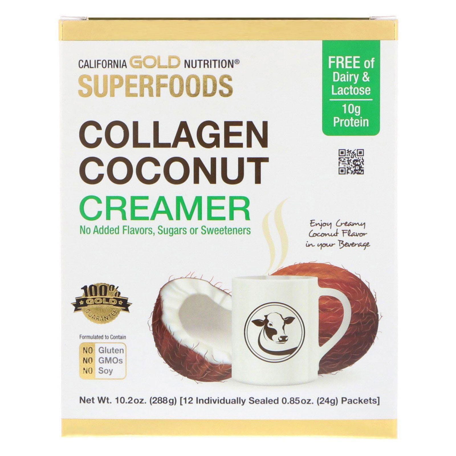 California Gold Nutrition, Superfoods, Leche de coco en polvo con colágeno, Sin azúcar, 12 sobres, 24 g (0,85 oz) cada uno