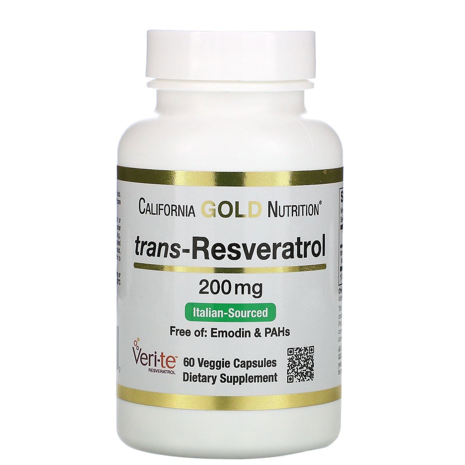 California Gold Nutrition, Trans-resveratrol, Producto de origen italiano, 200 mg, 60 cápsulas vegetales