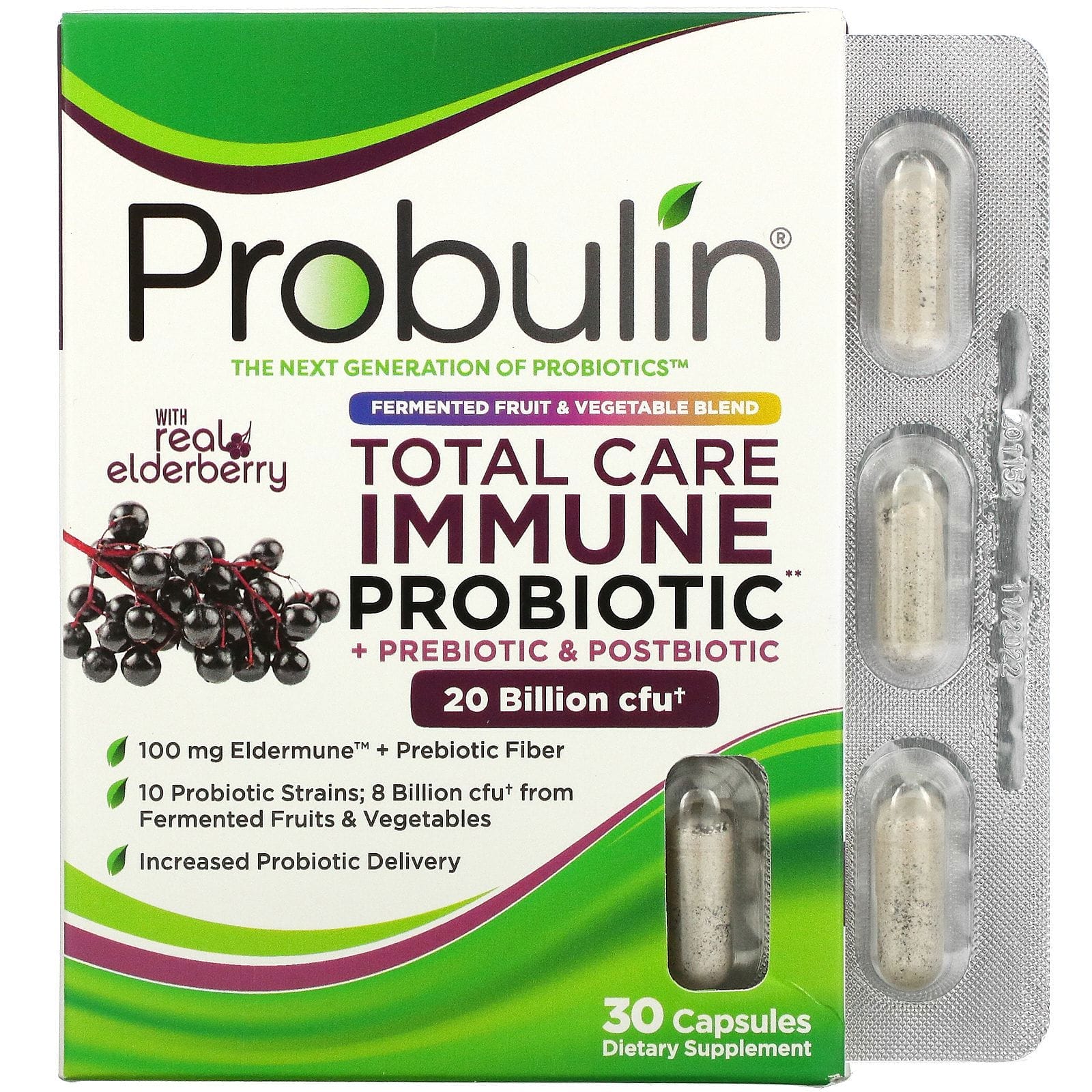 Probulin, Total Care Immune Probiotic + Prebiotic & Postbiotic with Real Elderberry, 20 Billion cfu, 30 Capsules