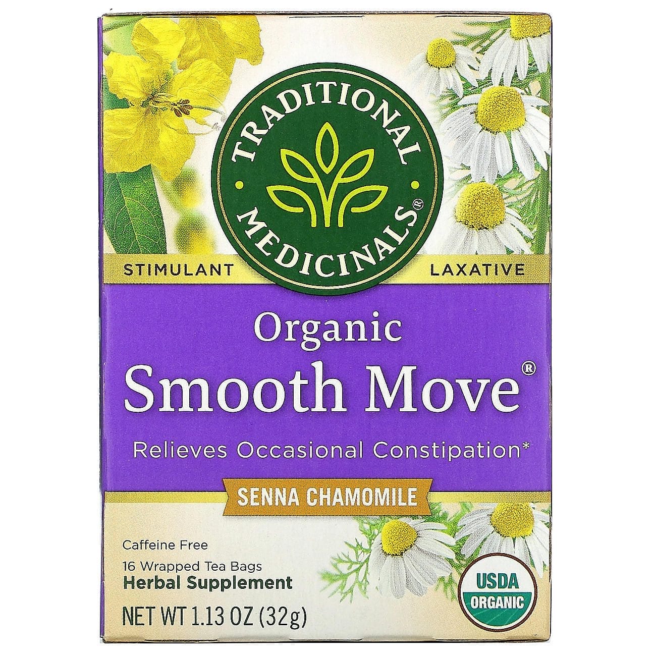 Traditional Medicinals, Smooth Move, Producto orgánico, Manzanilla y Senna, Sin cafeína, 16 bolsitas de té envueltas, 32 g (1,13 oz)