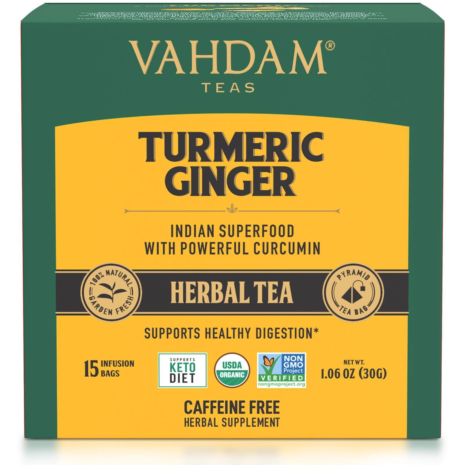 Vahdam Teas, Té de hierbas, Cúrcuma y jengibre, Sin cafeína, 15 bolsitas de infusión, 30 g (1,06 oz)