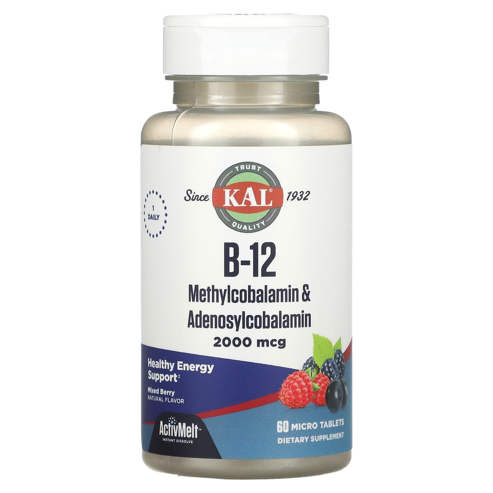 KAL, Vitamina B12 en forma de metilcobalamina y adenosilcobalamina, Bayas mixtas, 2000 mcg, 60 microcomprimidos