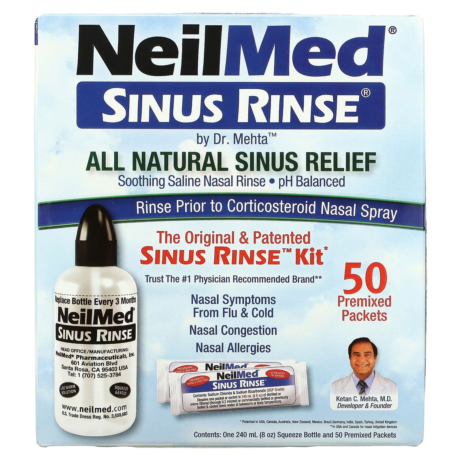 NeilMed, El kit de enjuague sinuual original y patentado, 50 paquetes premezclados, 1 kit