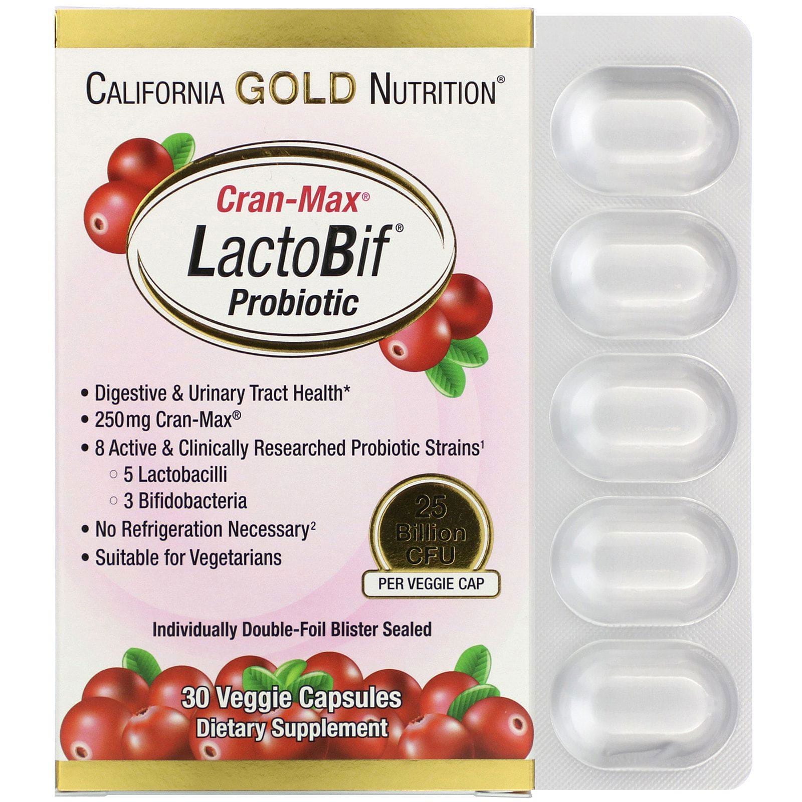 California Gold Nutrition, Probióticos LactoBif, Cran-Max, 25.000 millones de UFC, 30 cápsulas vegetales