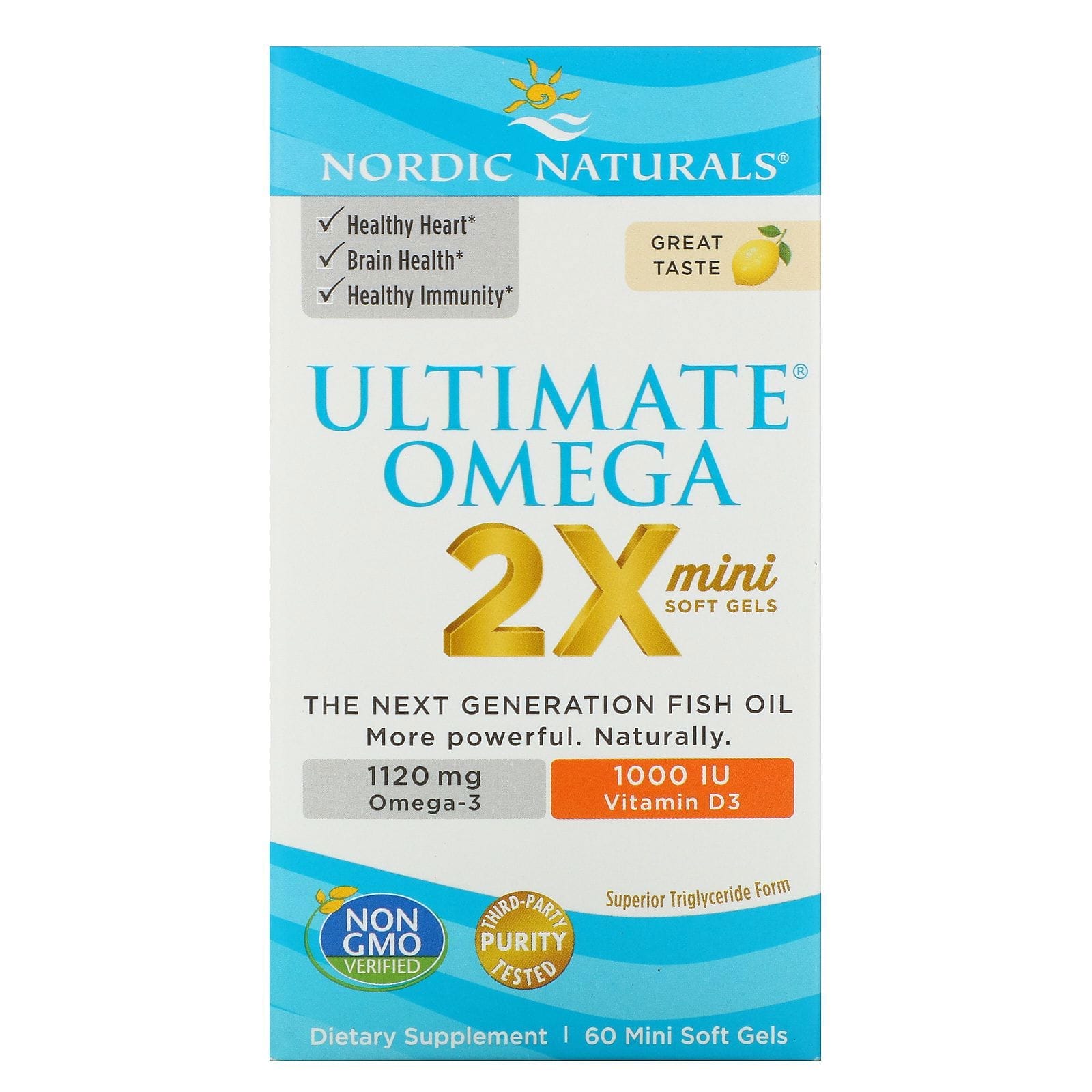 Nordic Naturals, Ultimate Omega 2X con vitamina D3, limón, 60 minicápsulas blandas