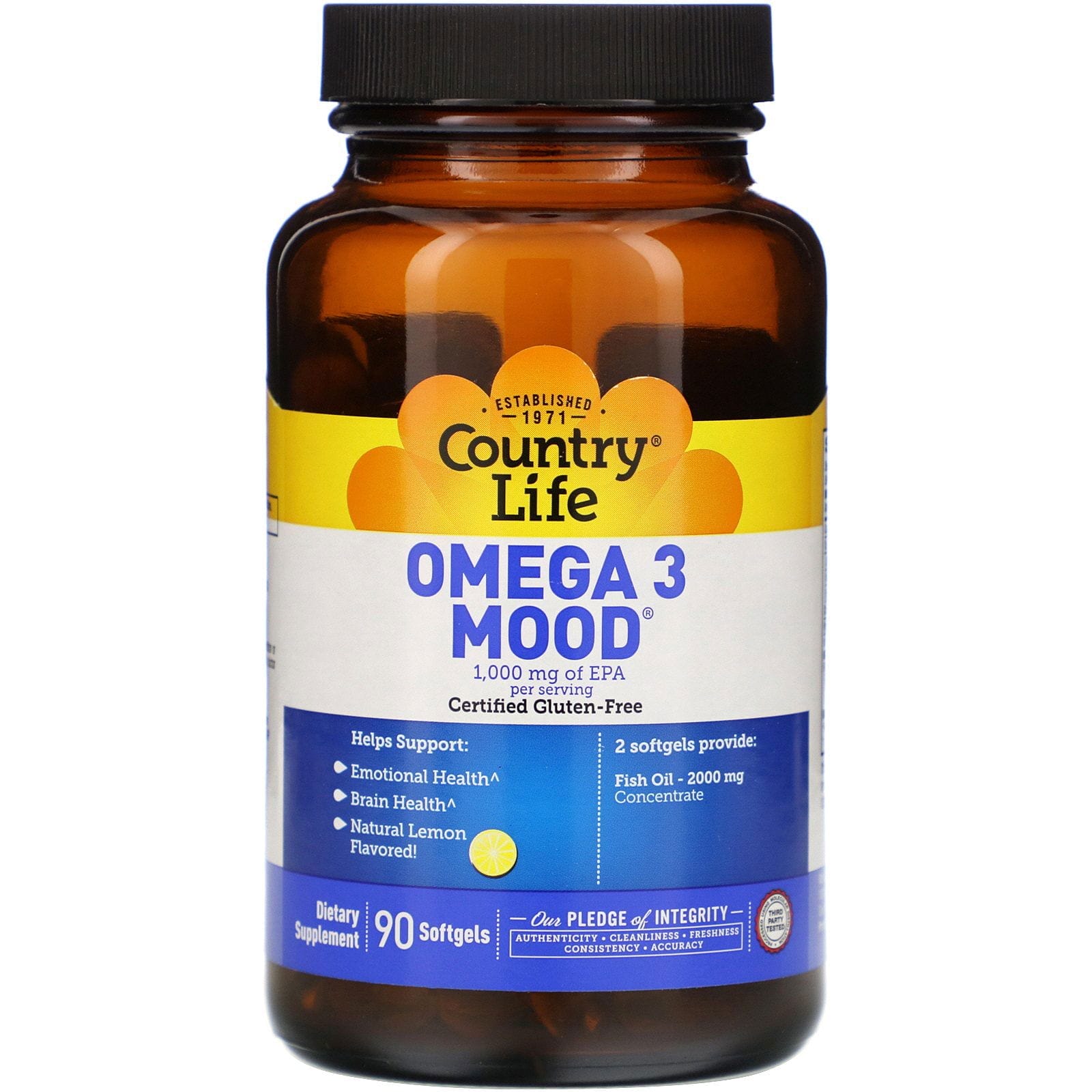 Country Life, Omega 3 Mood, Natural Lemon, 90 Softgels