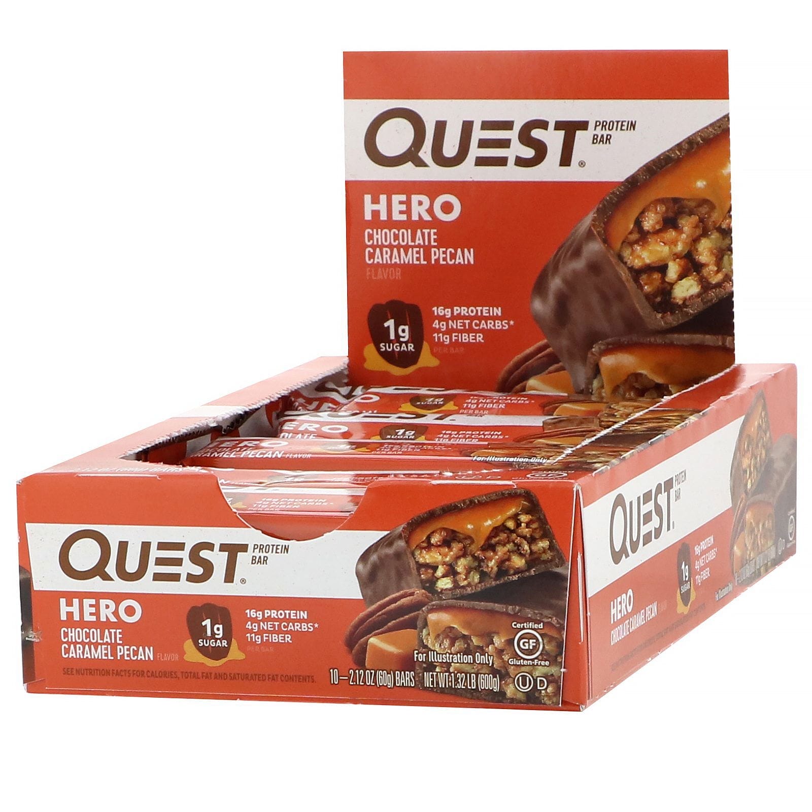 Quest Nutrition, Héroe, Barrita proteica, Chocolate, caramelo y nueces pecanas, 10 barritas, 60 g (2,12 oz) cada una