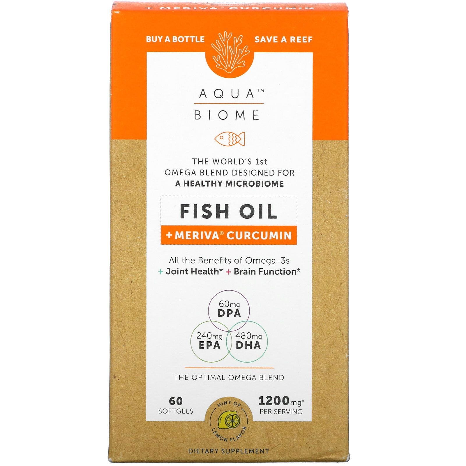 Enzymedica, Aqua Biome, Fish Oil + Meriva Curcumin, Lemon Flavor, 1,200 mg, 60 Softgels
