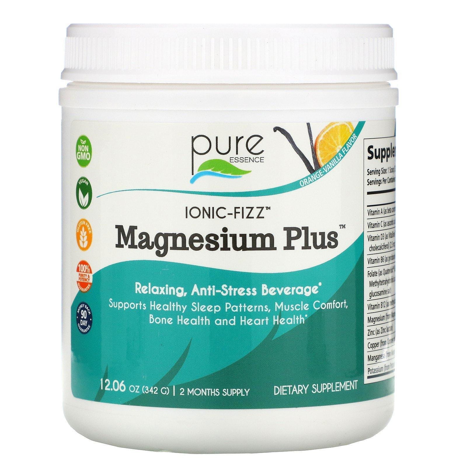 Pure Essence, Ionic-Fizz, Magnesium Plus, Suplemento de magnesio, Naranja y vainilla, 342 g (12,06 oz)