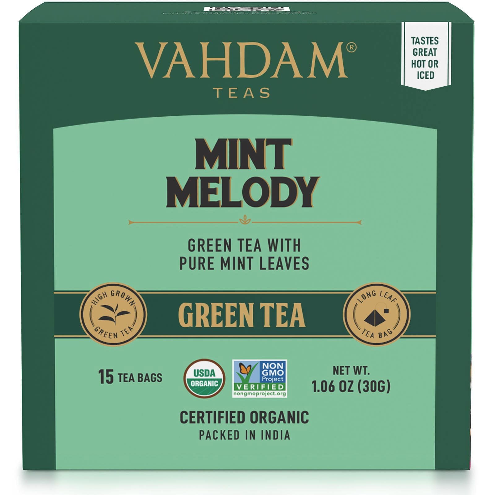 Vahdam Teas, Té verde, Melodía de menta, 15 bolsitas de té, 30 g (1,06 oz)