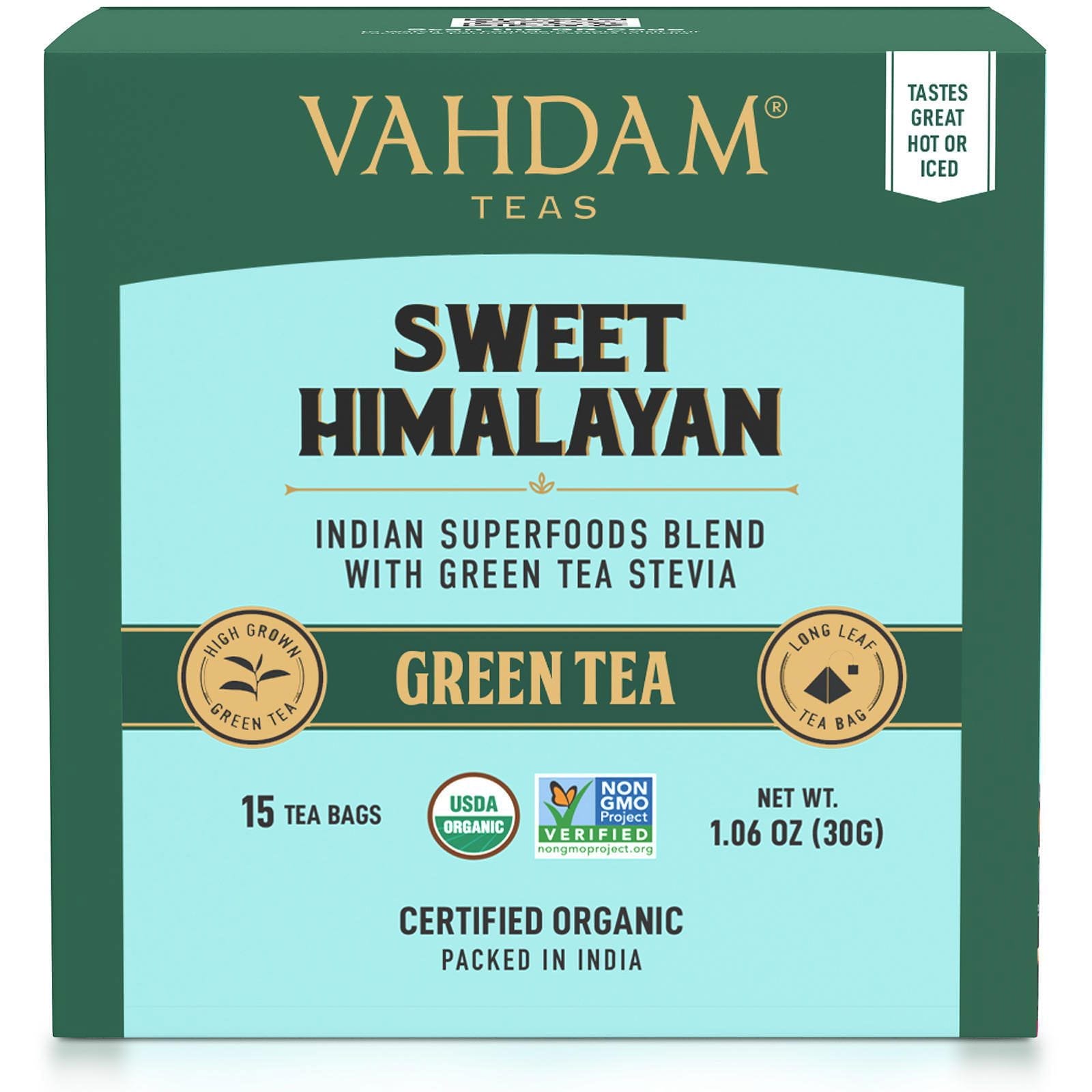 Vahdam Teas, Té verde dulce del Himalaya, 15 bolsitas de té, 30 g (1,06 oz)