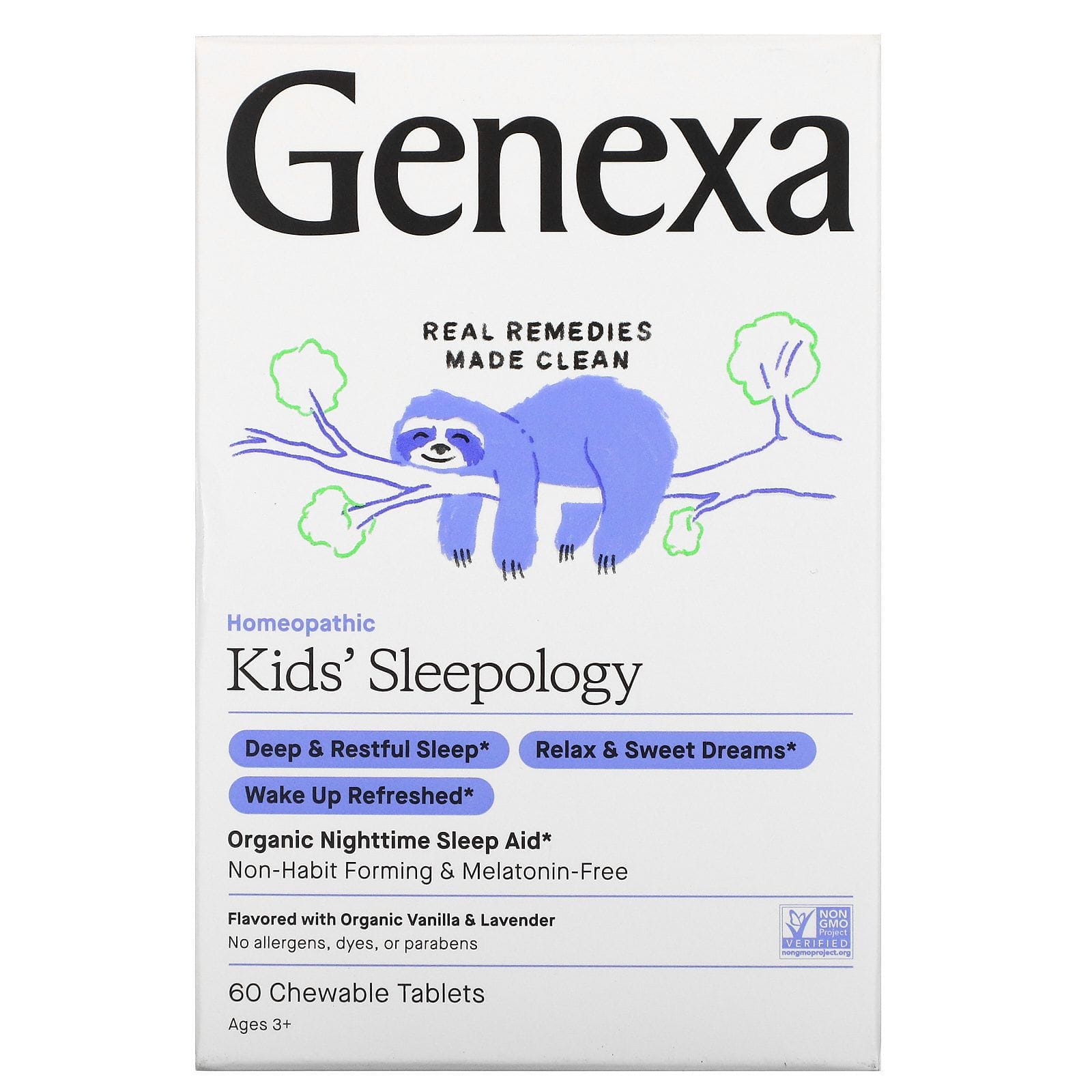 Genexa, Children's Sleepology, Ayuda orgánica para dormir por la noche, Niños mayores de 3 años, Saborizante de vainilla y lavanda, 60 comprimidos masticables