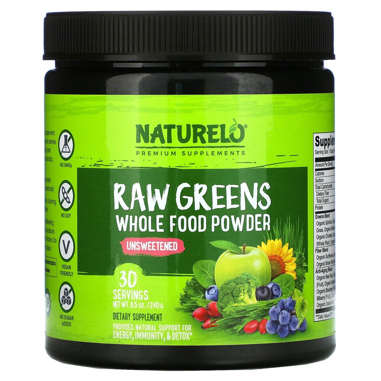 NATURELO, Verduras crudas, alimentos integrales en polvo, sin endulzar, 240 g (8.5 oz)