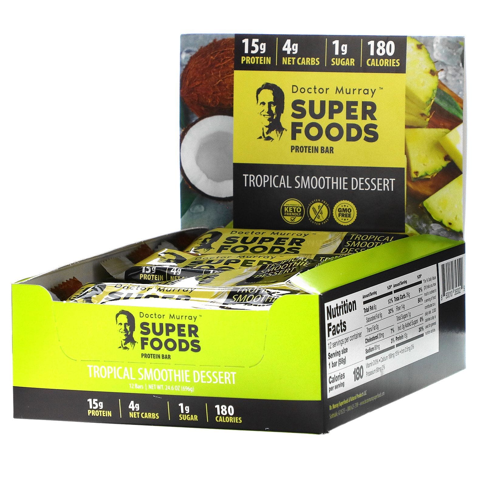 Dr. Murray's, Superfoods Protein Bar, Tropical Smoothie Dessert, 12 Bars, 2.05 oz (58 g) Each
