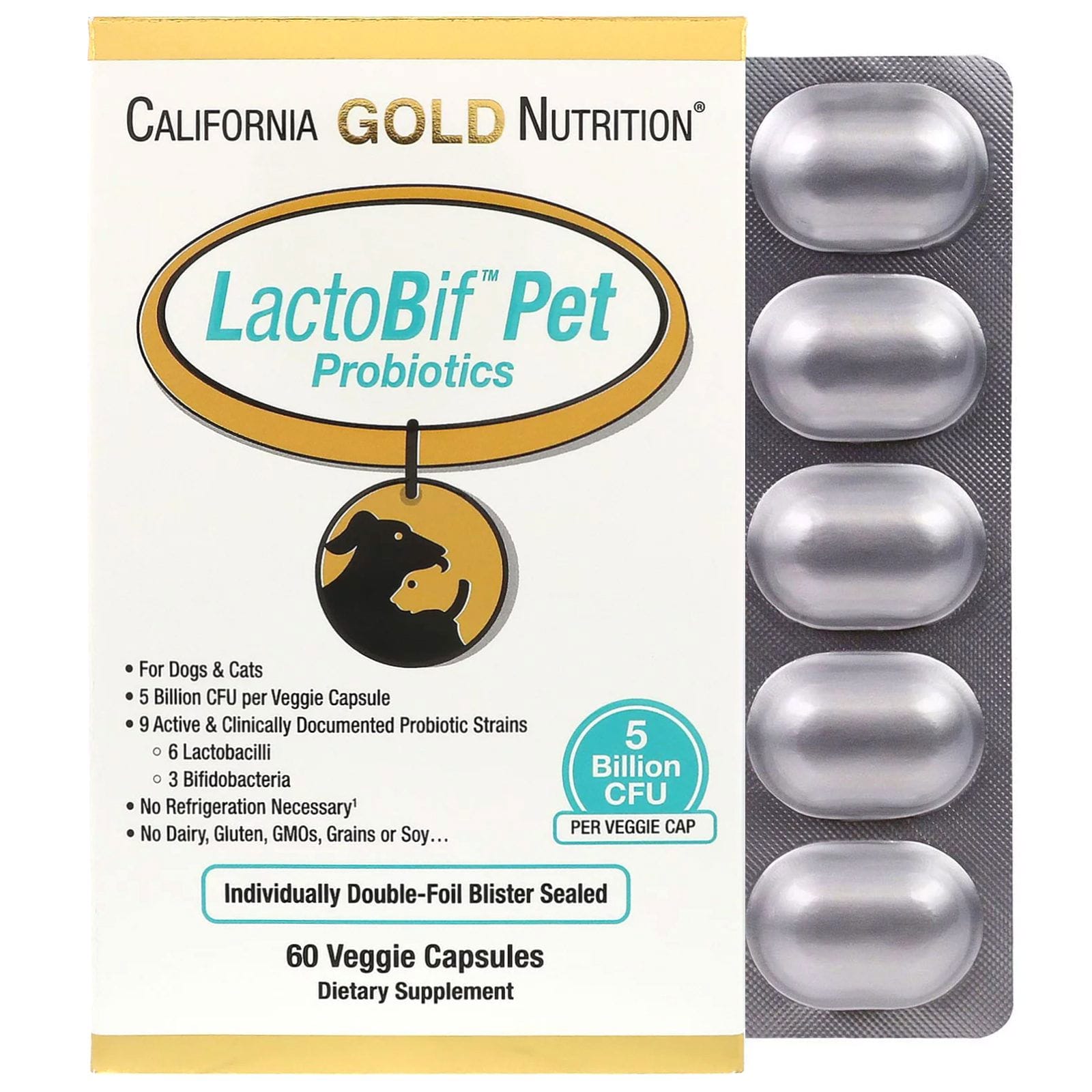 California Gold Nutrition, Probióticos para mascotas LactoBif, 5000 millones de UFC, 60 cápsulas vegetales