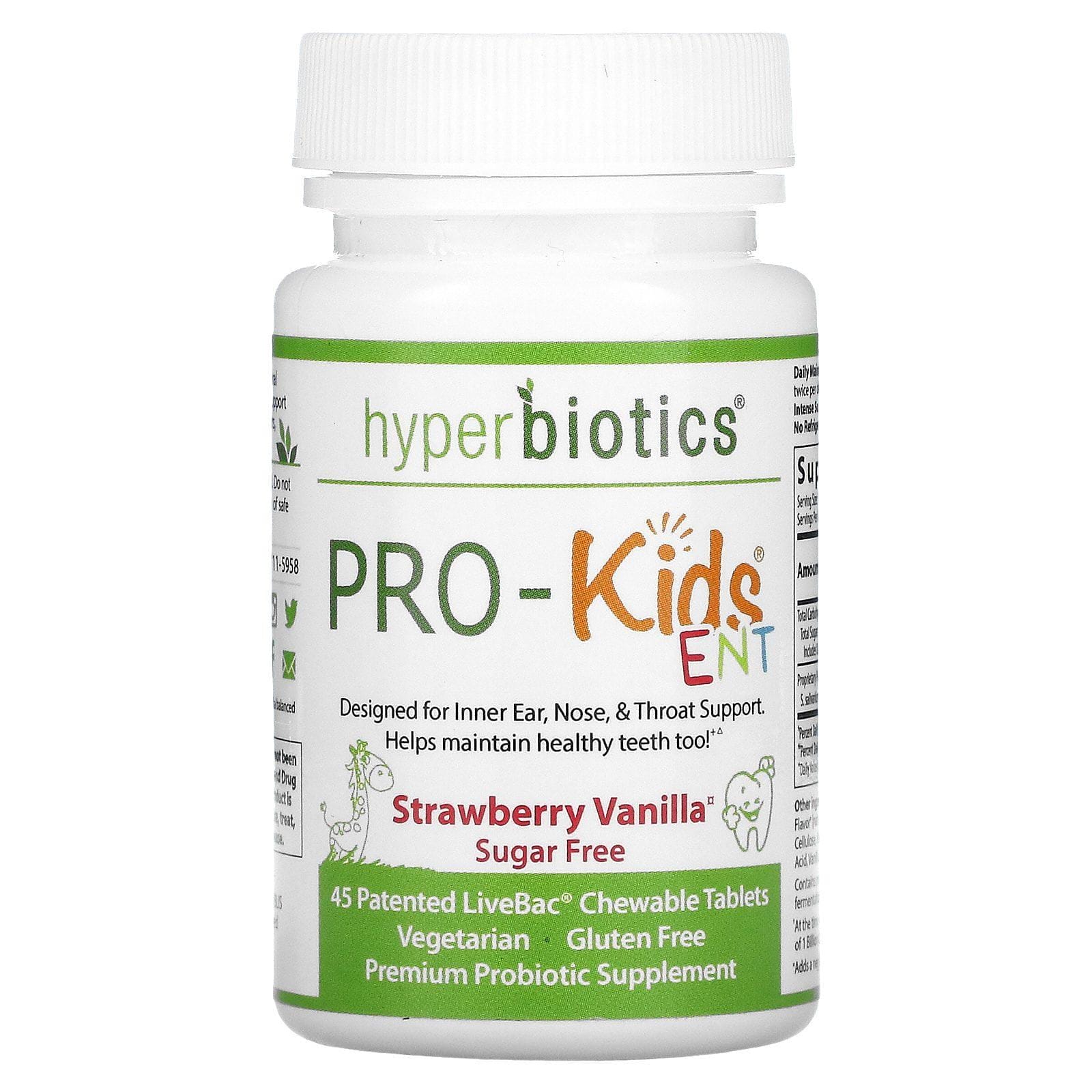 Hyperbiotics, PRO-Kids ENT, Sugar Free, Strawberry Vanilla, 45 Patented LiveBac Chewable Tablets