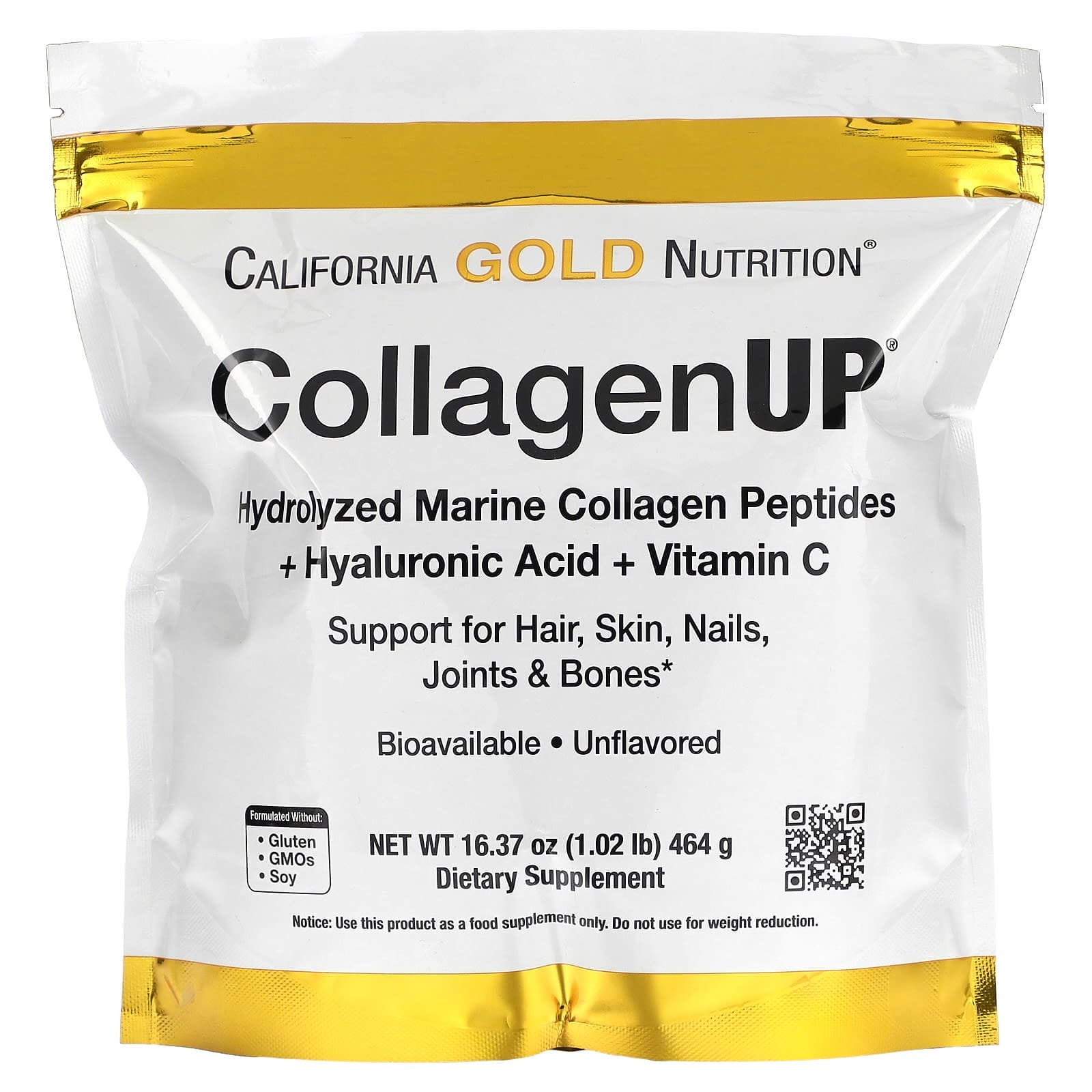 California Gold Nutrition, CollagenUP, Péptidos de colágeno marino hidrolizado con ácido hialurónico y vitamina C, Sin sabor, 464 g (16,37 oz)