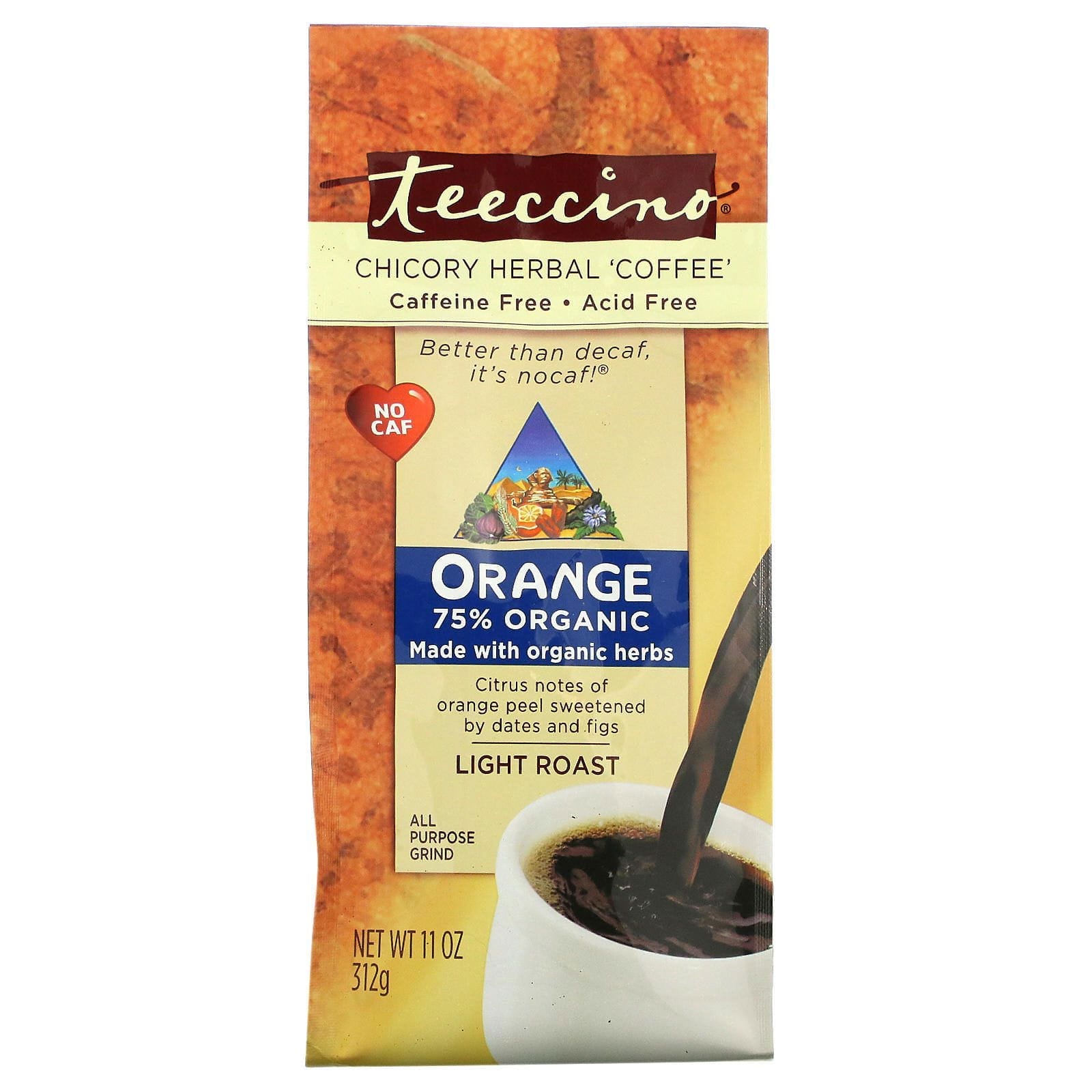 Teeccino, "Café" de achicoria herbal, naranja, tostado claro, sin cafeína, 11 oz (312 g)