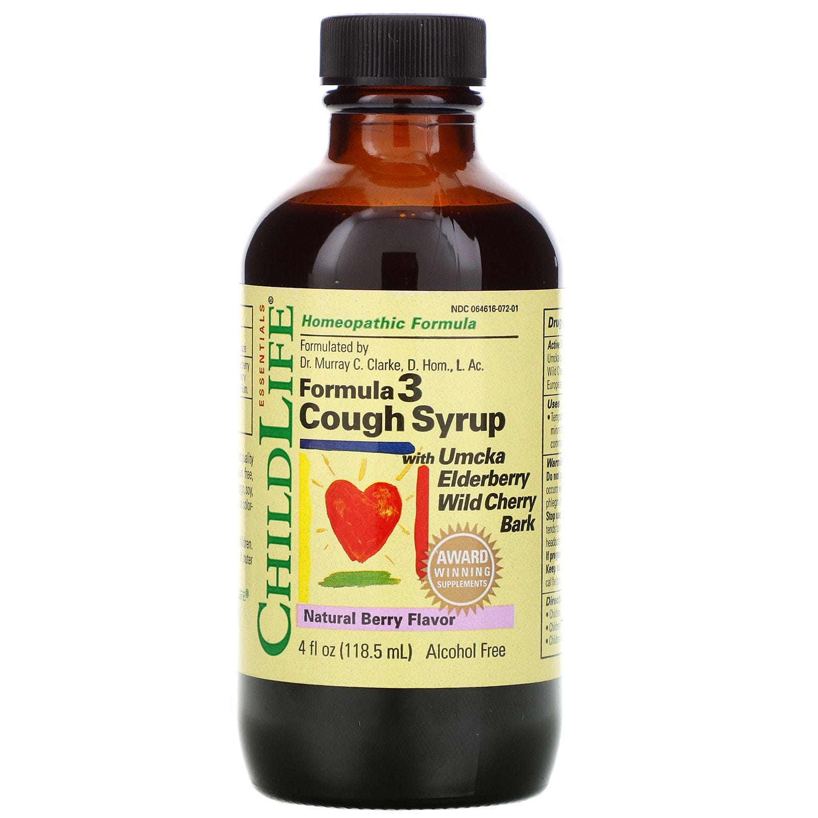 ChildLife, Esenciales, Jarabe para la tos, Fórmula 3, Sin alcohol, Sabor natural de bayas, 118,5 ml (4 oz. líq.)