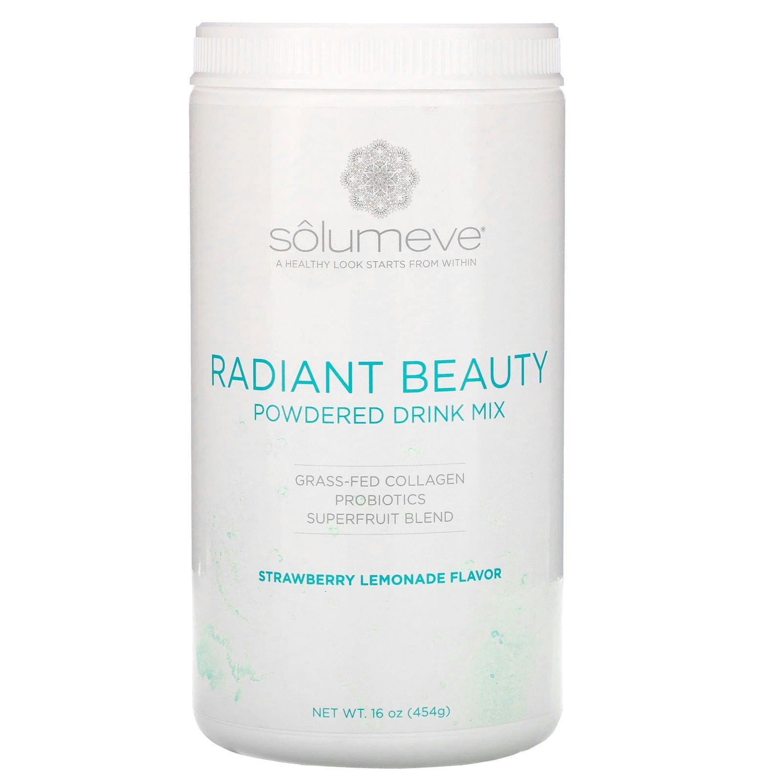 Solumeve, Belleza radiante, Colágeno proveniente de animales alimentados con pasturas, Mezcla en polvo para preparar bebidas con probióticos y superfrutas, Limonada de fresa, 454 g (16 oz)