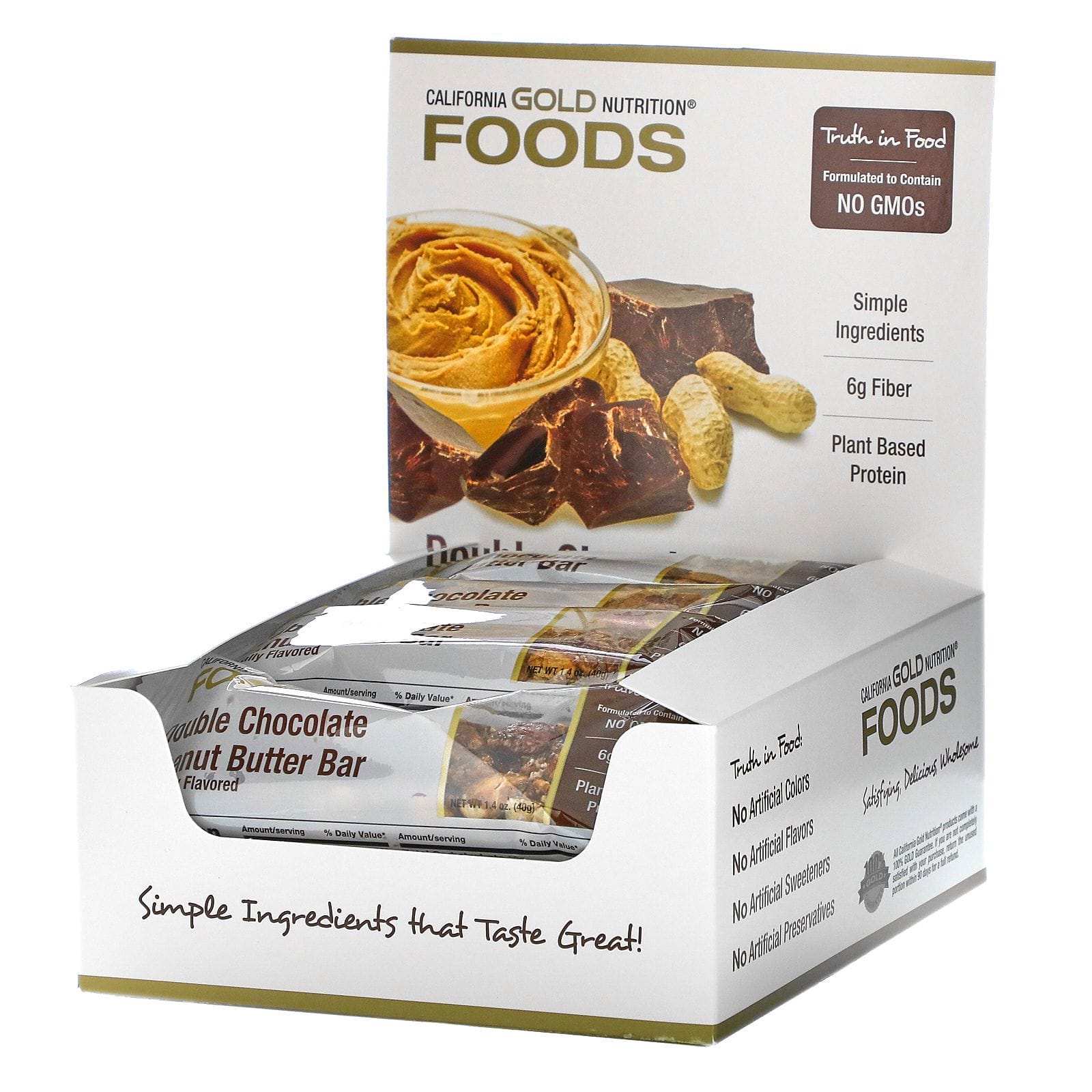 California Gold Nutrition, Foods, Barritas con sabor a doble chocolate y mantequilla de maní, 12 barritas, 40 g (1,4 oz) cada una