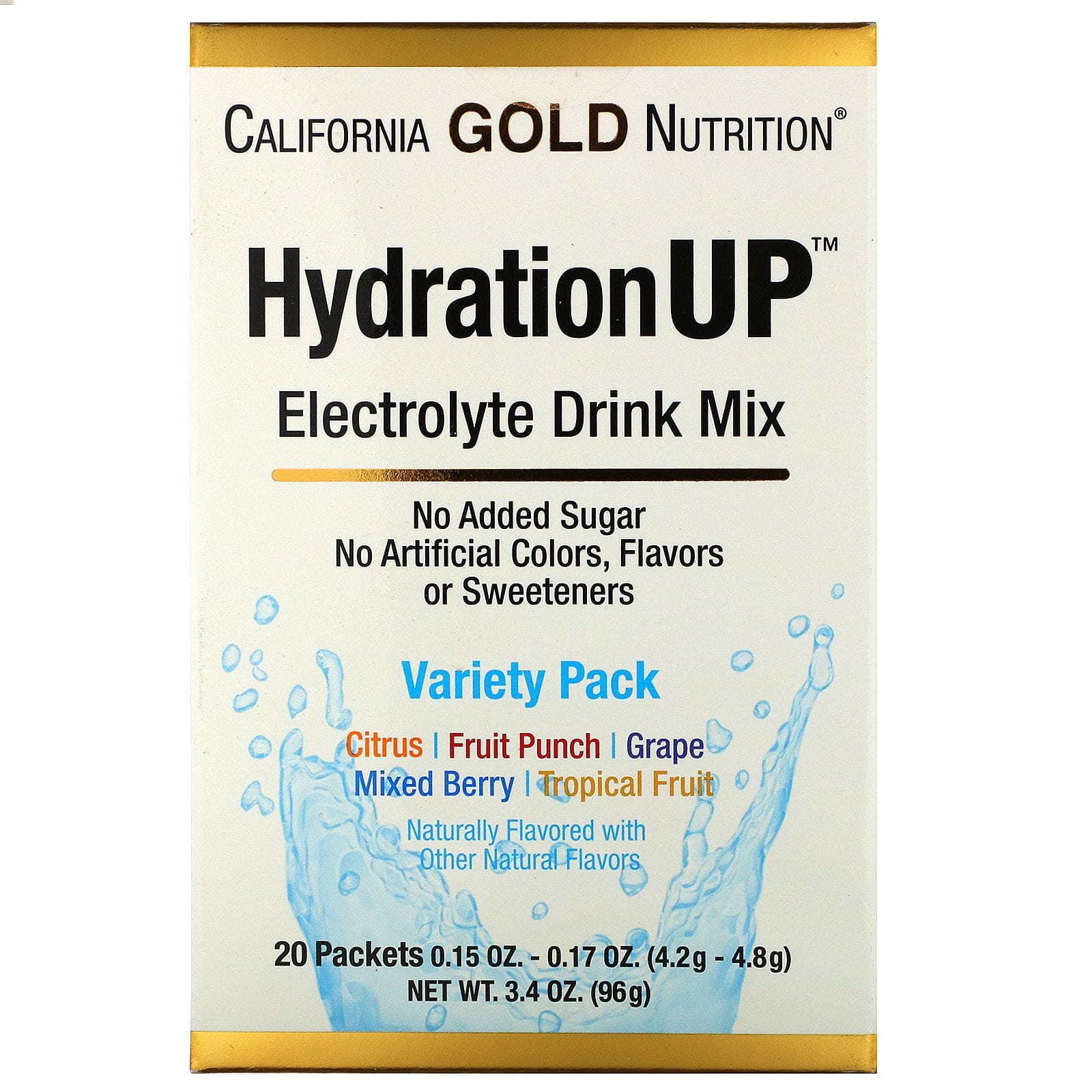 California Gold Nutrition, HydrationUP, mezcla para preparar bebidas con electrolitos, pack surtido, 20 paquetes, 4,2 g (0,15 oz) cada uno