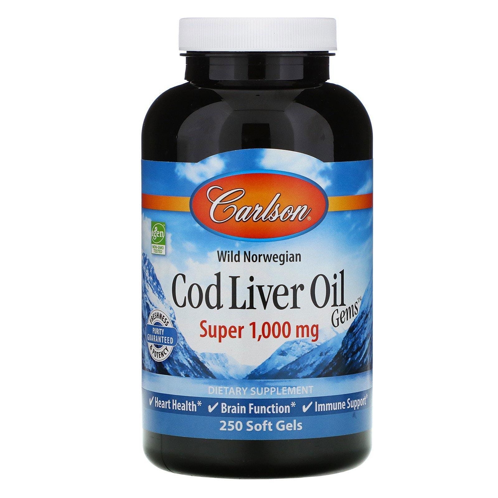 Carlson Labs, Gems con aceite de hígado de bacalao salvaje de origen noruego, Súper, 1000 mg, 250 cápsulas blandas