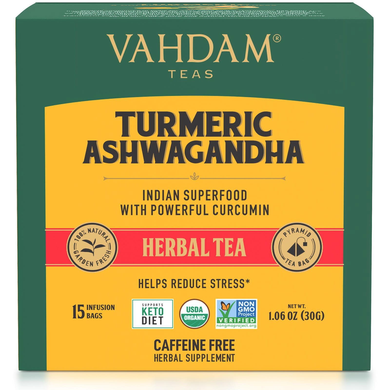 Vahdam Teas, Té de hierbas, Cúrcuma y ginseng indio, Sin cafeína, 15 bolsitas de infusión, 30 g (1,06 oz)