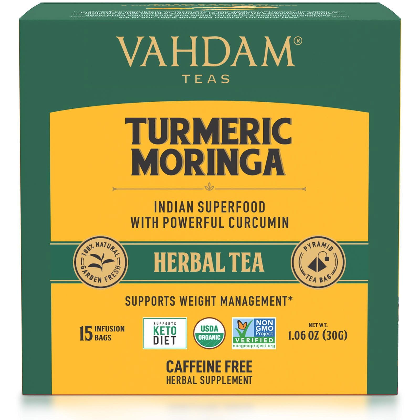 Vahdam Teas, Té de hierbas, Cúrcuma y moringa, Sin cafeína, 15 bolsitas de infusión, 30 g (1,06 oz)