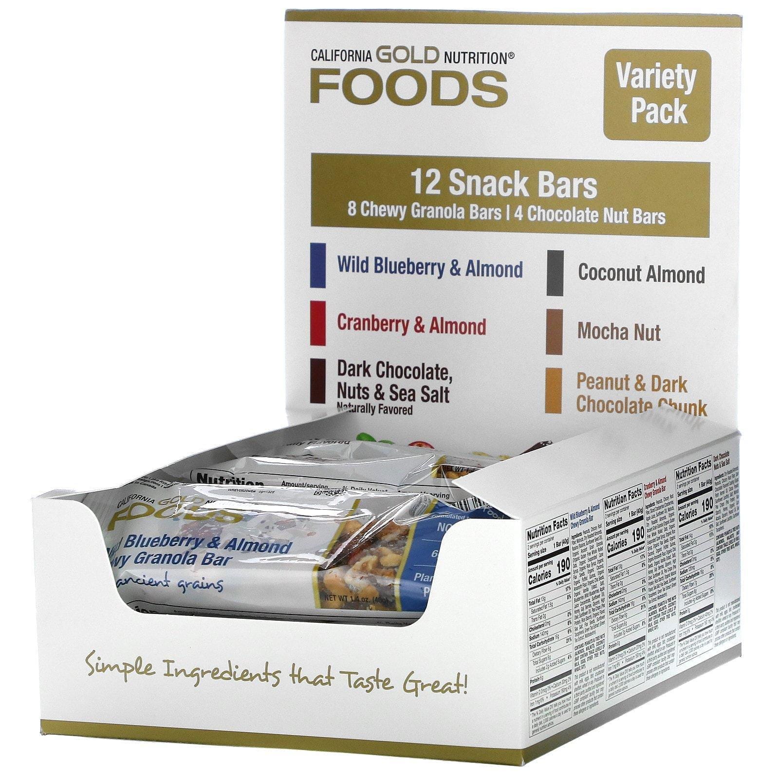 California Gold Nutrition, Foods, Paquete surtido de barritas, 12 barritas, 40 g (1,4 oz) cada una