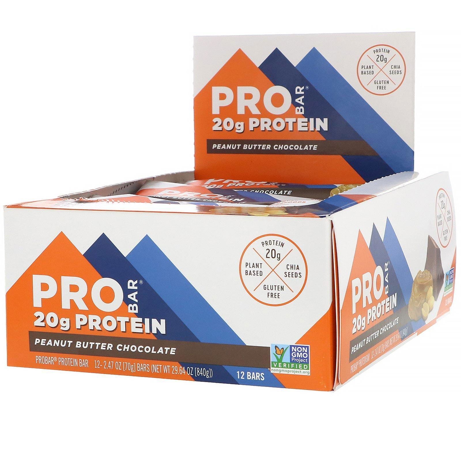 ProBar, Barrita proteica, Chocolate y mantequilla de maní, 12 barritas, 70 g (2,47 oz) cada una