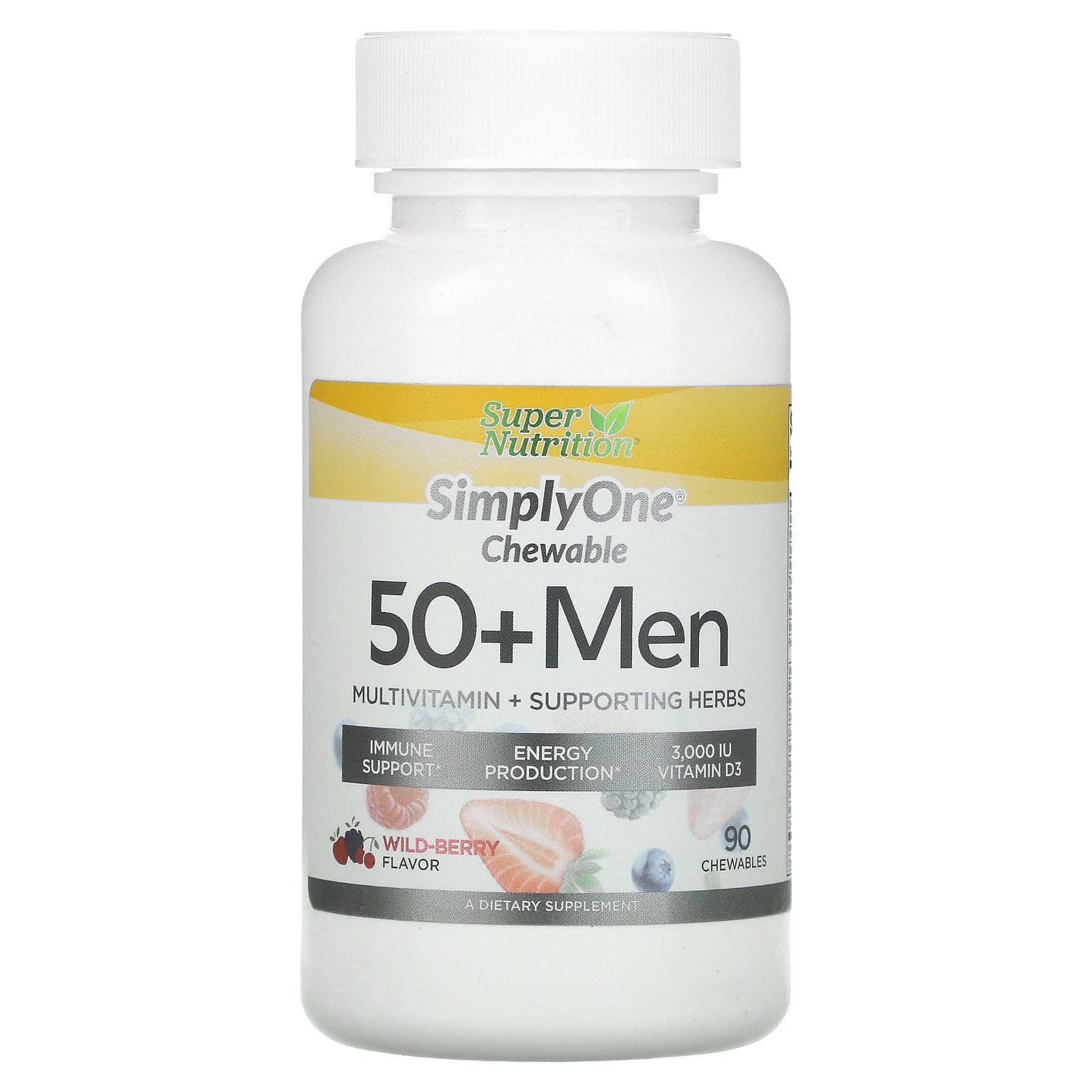 Super Nutrition, SimplyOne, Hombres mayores de 50 años, Suplemento multivitamínico más hierbas de refuerzo, Bayas silvestres, 90 comprimidos masticables