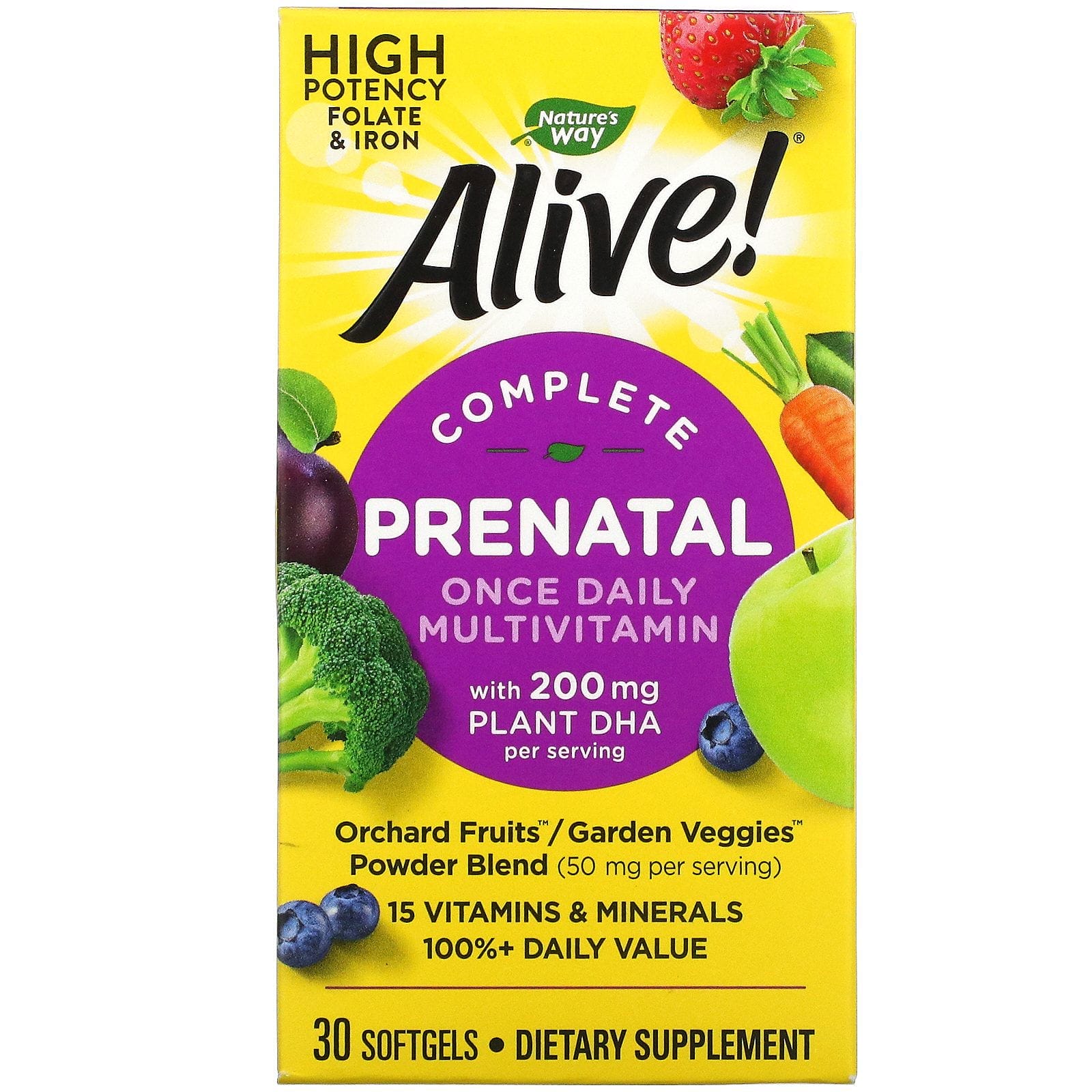 Nature's Way, Alive! Suplemento multivitamínico prenatal con DHA vegetal, sabor a frutilla, 30 cápsulas de gel blando