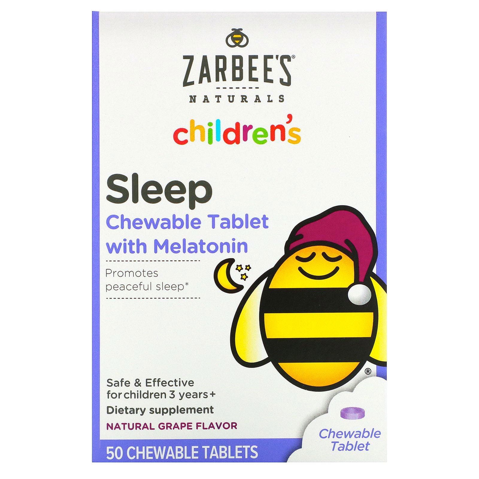 Zarbee's, Suplemento para dormir con melatonina para niños, Sabor natural a uva, Para niños de 3 años en adelante, 50 comprimidos masticables