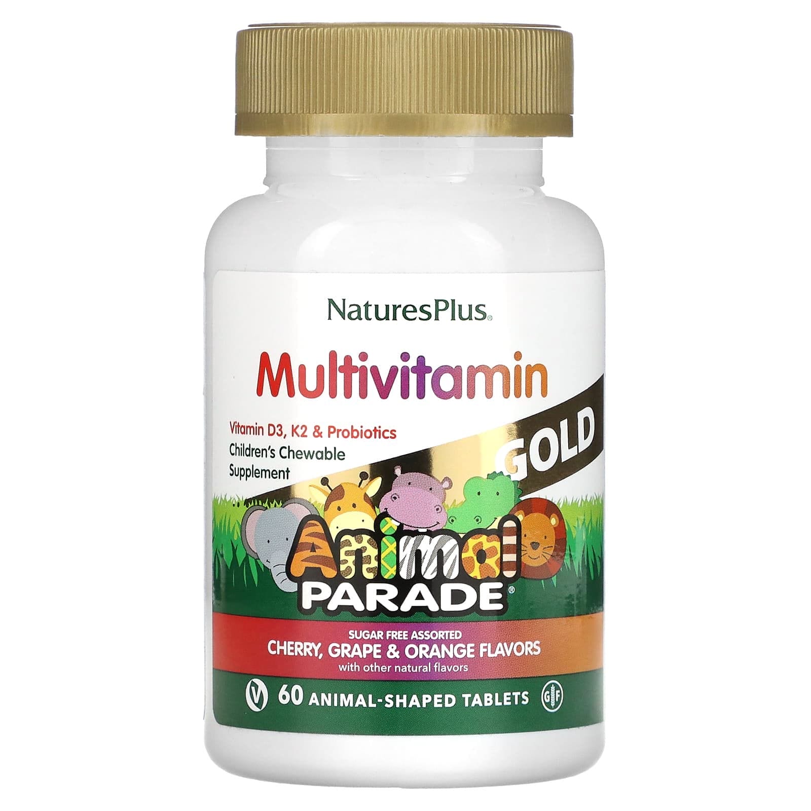 NaturesPlus, Source of Life, Animal Parade Gold, Suplemento multivitamínico y mineral masticable para niños, Surtido, 60 comprimidos con forma de animales