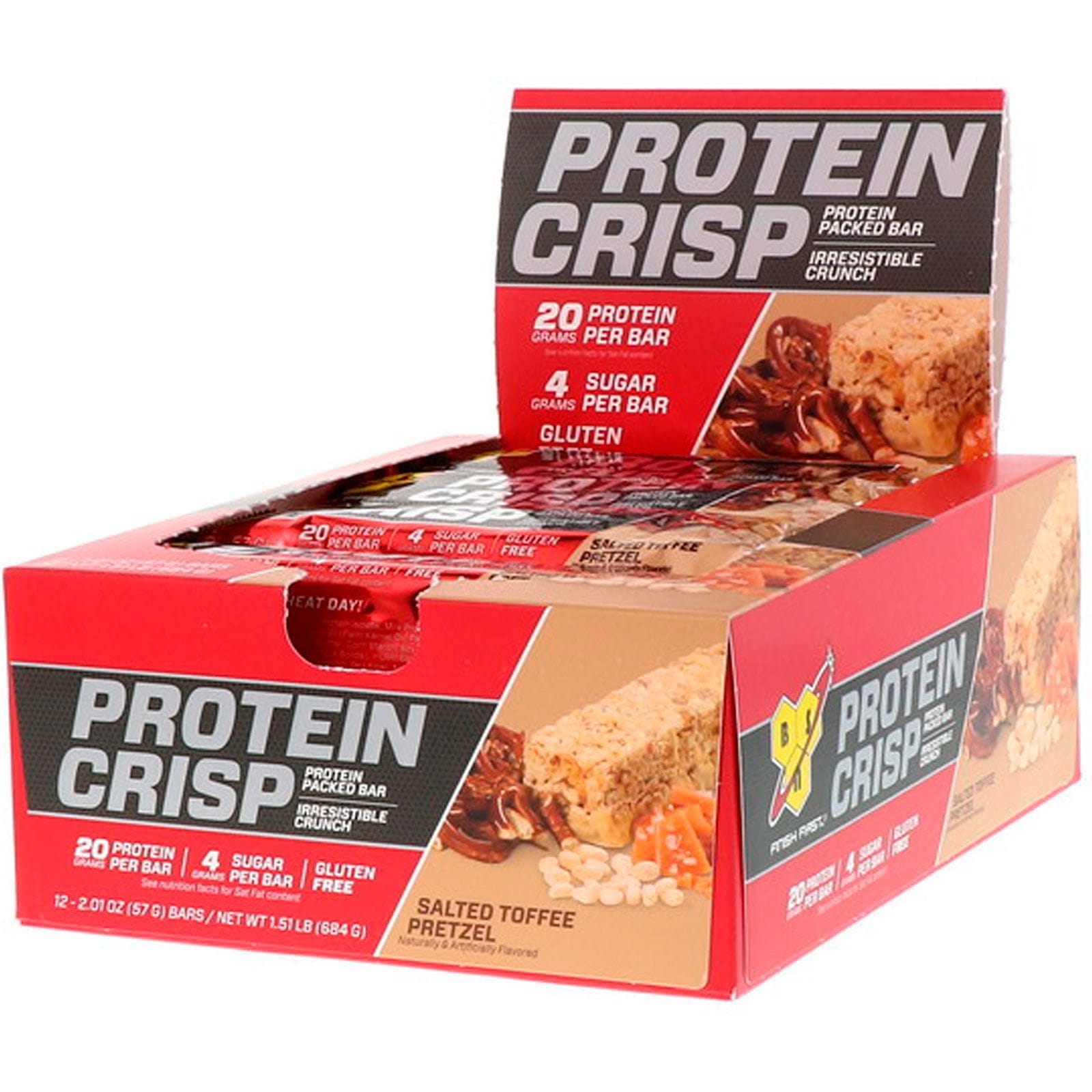 BSN, Proteína crujiente, Barrita de proteína envasada, Pretzel con caramelo salado, 12 barritas, 57 g (2,01 oz)
